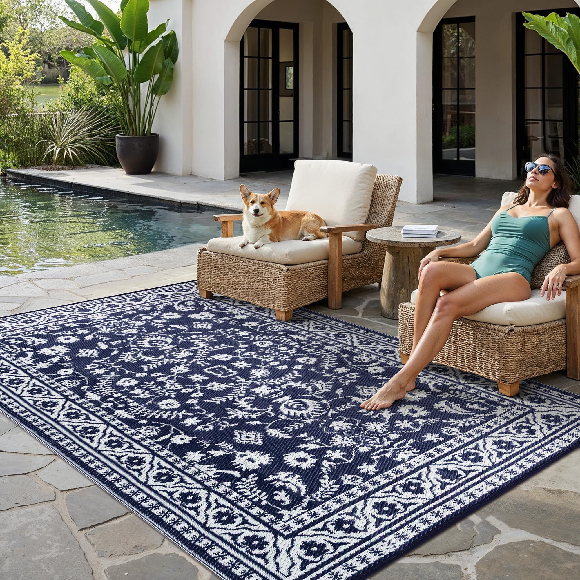PureCozy Outdoor Plastic Straw Rug Black Beige Large Outside Waterproof Outdoor Patio 5x8 Carpet Geometric Reversible Mat Modern for Camping RV Porch Deck Balcony Beach