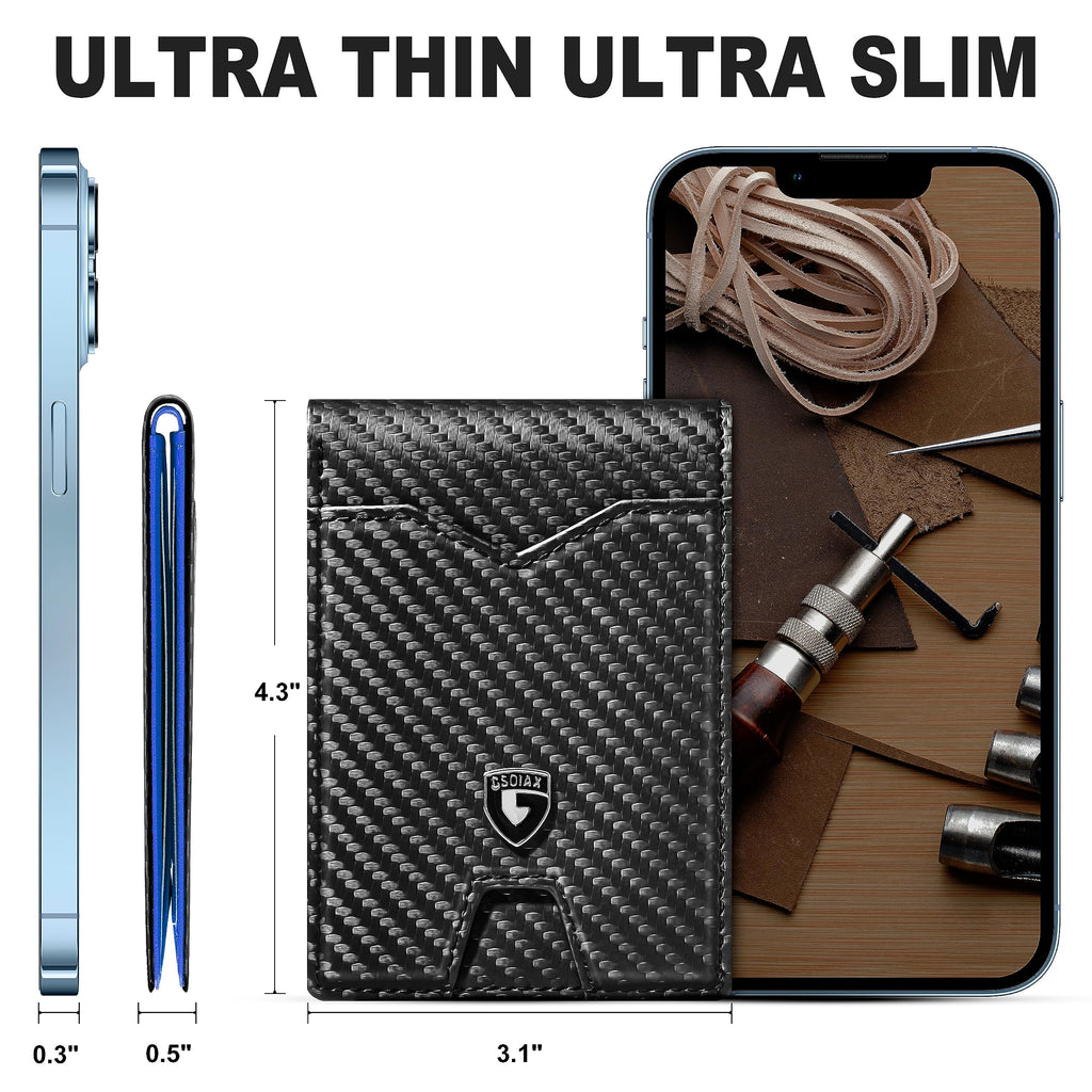 GSOIAX Slim Wallet for Men Rfid Blocking Leather Bifold Front Pocket Carbon Fiber Men's Money Clips Credit Card Holder With Gift Box
