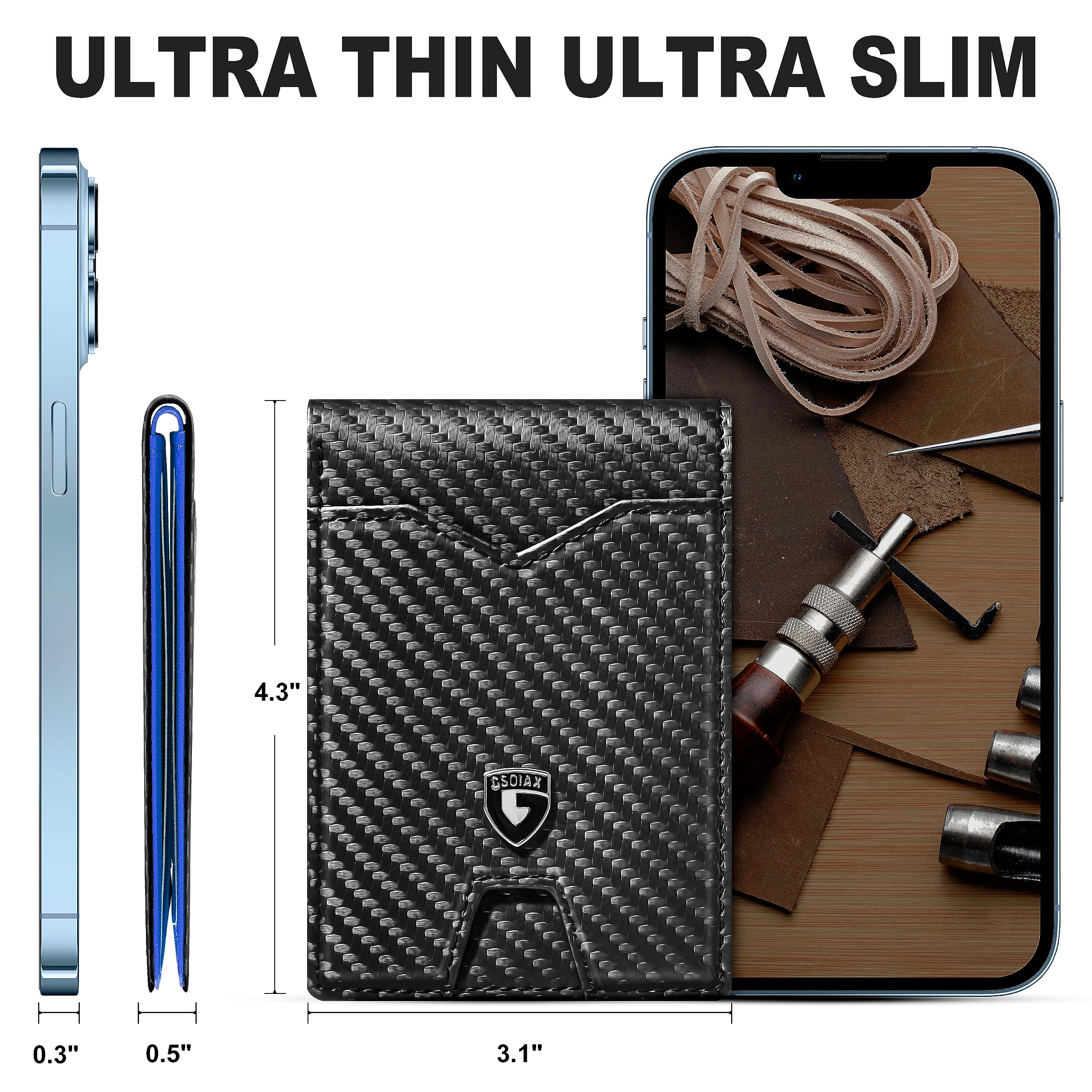 GSOIAX Slim Wallet for Men Rfid Blocking Leather Bifold Front Pocket Carbon Fiber Men's Money Clips Credit Card Holder With Gift Box