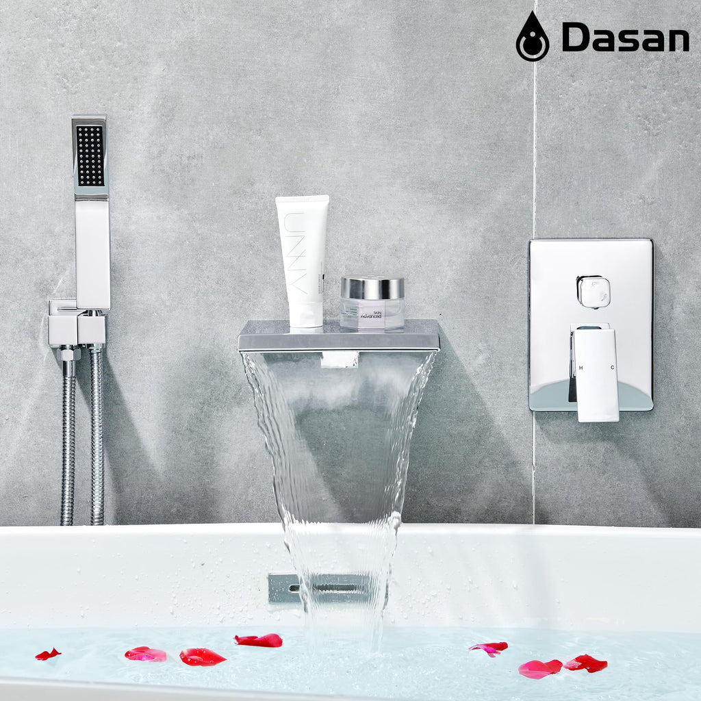 Upgraded Wall Mount Tub Filler Faucet with Handheld Shower, DASAN Modern Wall Mounted Bathtub Faucet Brushed Gold High Flow Waterfall Tub Faucet with Rough in Valve, SA-TF04WH-BG