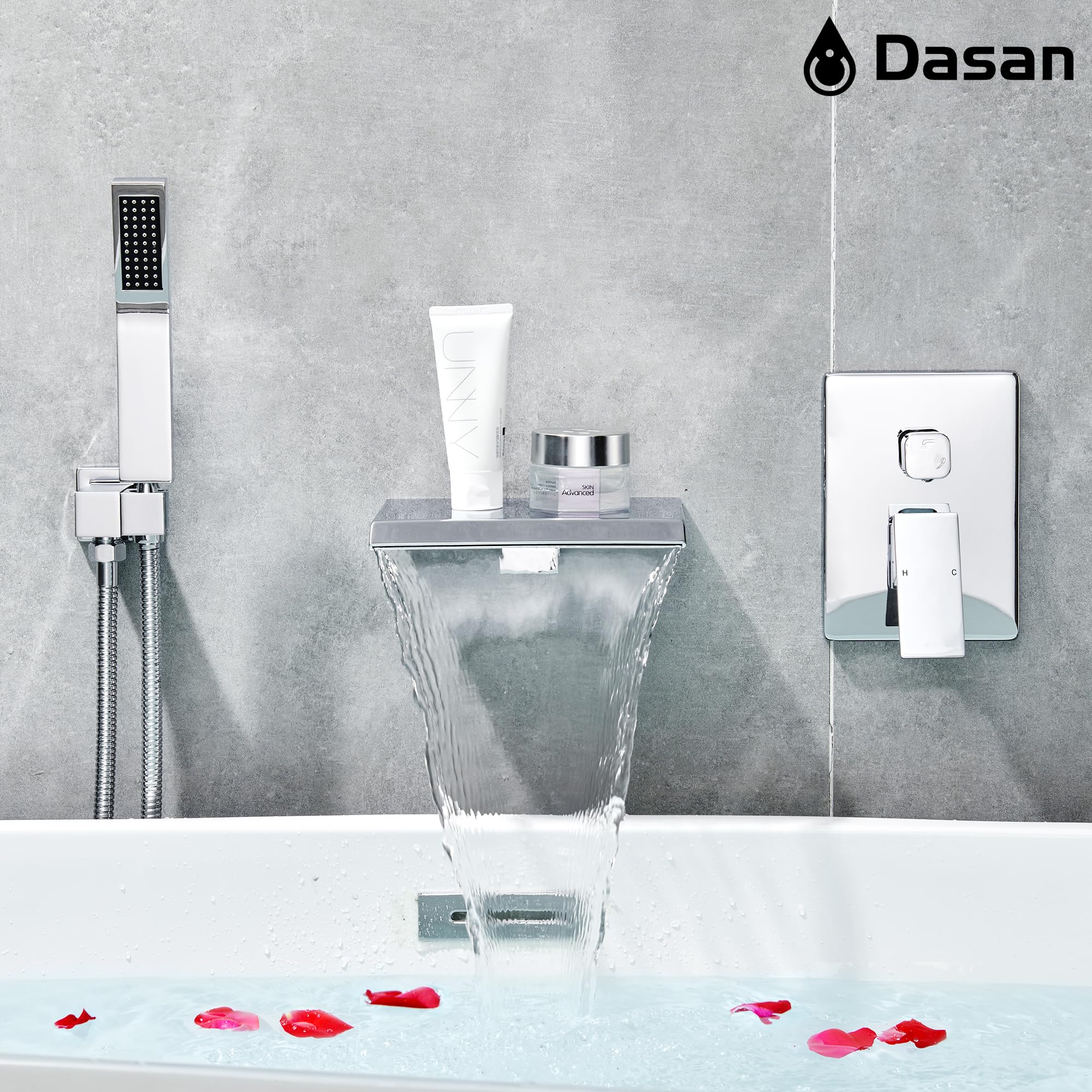 Upgraded Wall Mount Tub Filler Faucet with Handheld Shower, DASAN Modern Wall Mounted Bathtub Faucet Brushed Gold High Flow Waterfall Tub Faucet with Rough in Valve, SA-TF04WH-BG