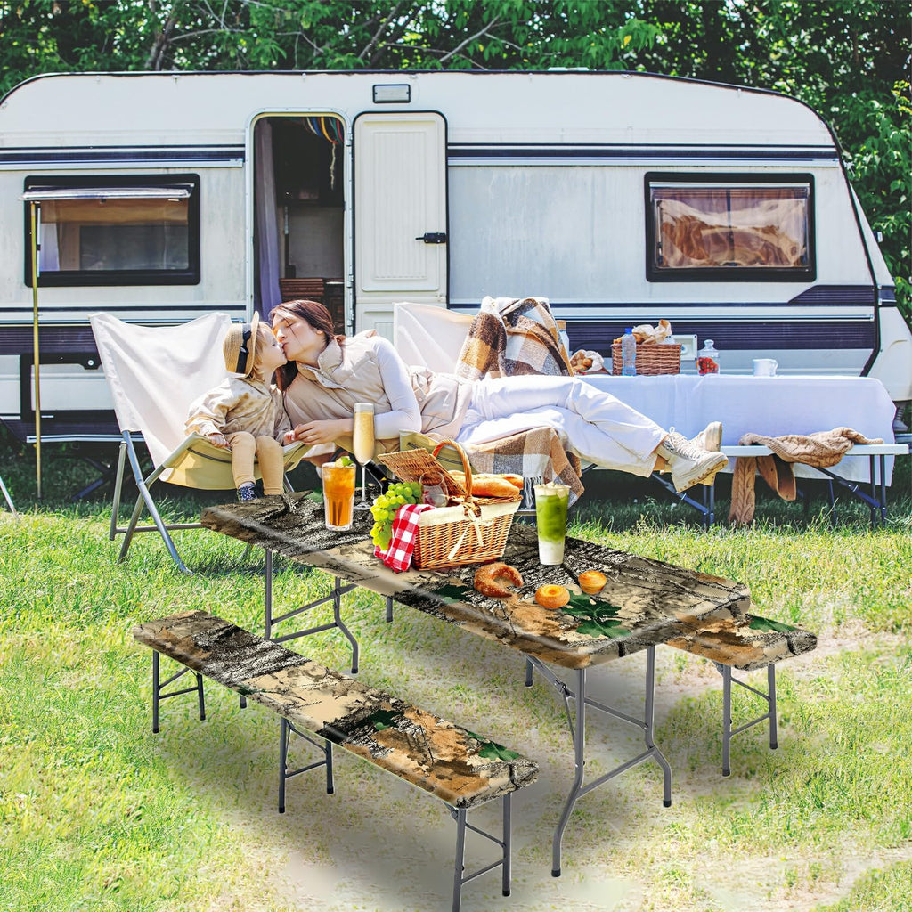 Park Picnic Table Cover with Bench Covers Lightweight Camping Essentials, Oil-Proof Waterproof 3PCS Tablecloth with Elastic, Fitted for Table 6FT Rectangle and Seats, American Flag Eagle (72x30in)
