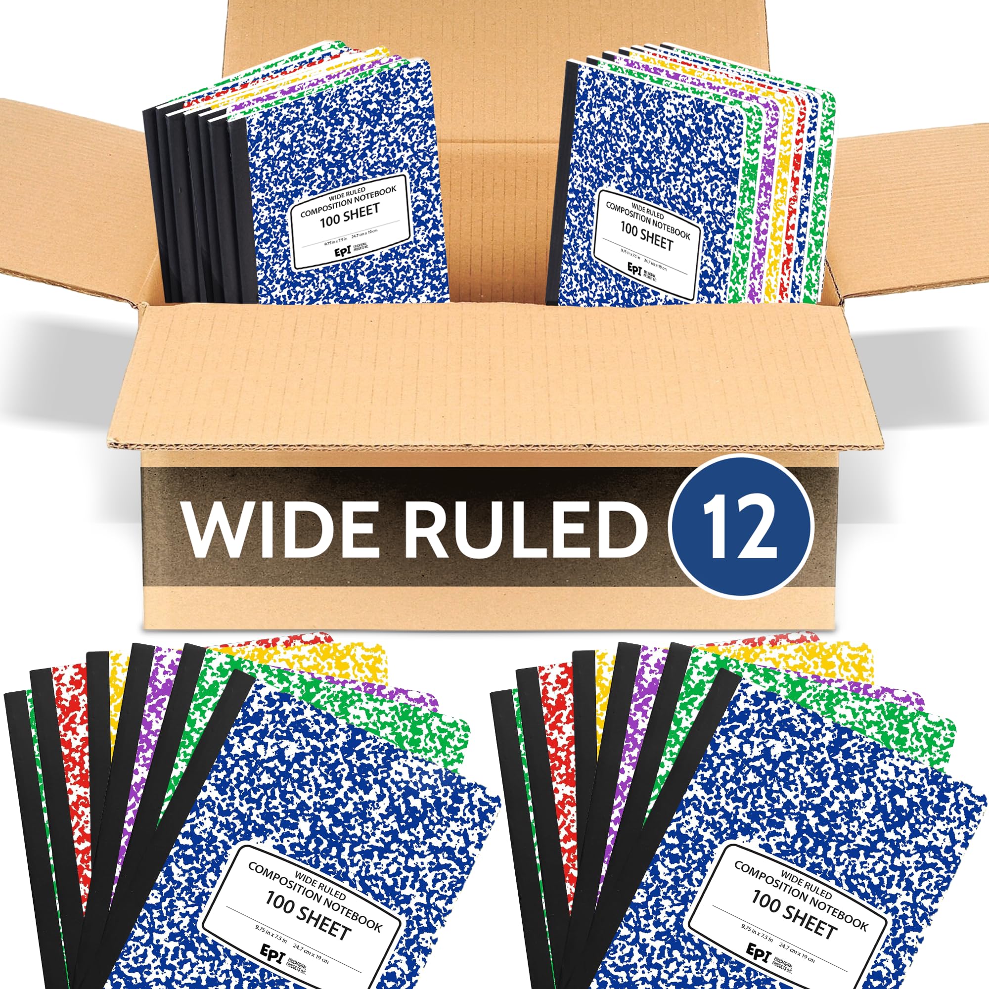 3 Pack - EPI Marble Hardcover Wide Ruled Composition Notebook | 200 Pages (100 Sheets), 9.75 x 7.5 in, Sturdy Sewn Binding | School, Office, Journaling, Notes