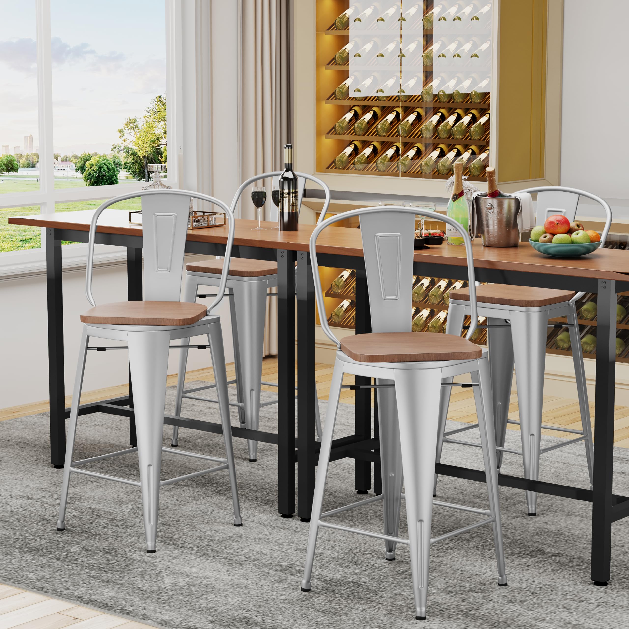 Alunaune 24" Swivel Metal Bar Stools Set of 4 High Back Counter Height Barstools Industrial Dining Bar Chairs with Large Wooden Seat-Matte Black