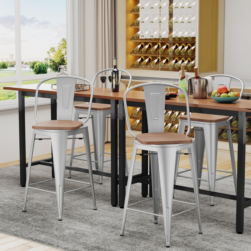 Alunaune 24" Swivel Metal Bar Stools Set of 4 High Back Counter Height Barstools Industrial Dining Bar Chairs with Large Wooden Seat-Matte Black