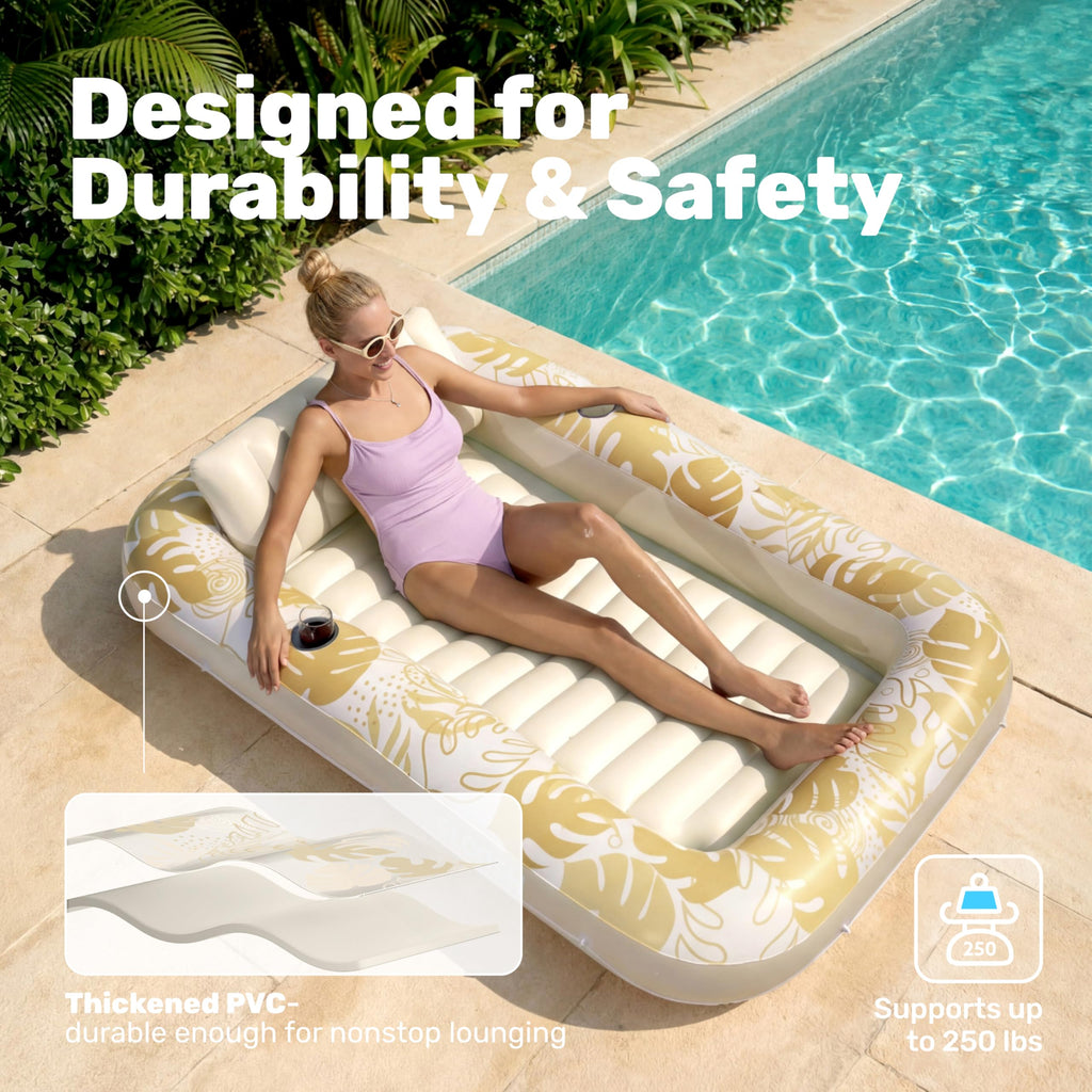 SLOOSH Inflatable Tanning Pool Lounger Float, 85" x 57" Extra Large Pool Floats Adult with Pillow, 4 in 1 Suntan Tub Raft Floatie,Sunbathing Bed Lounge for Water Blow Up Ball Pit Party Gifts, XL-Blue