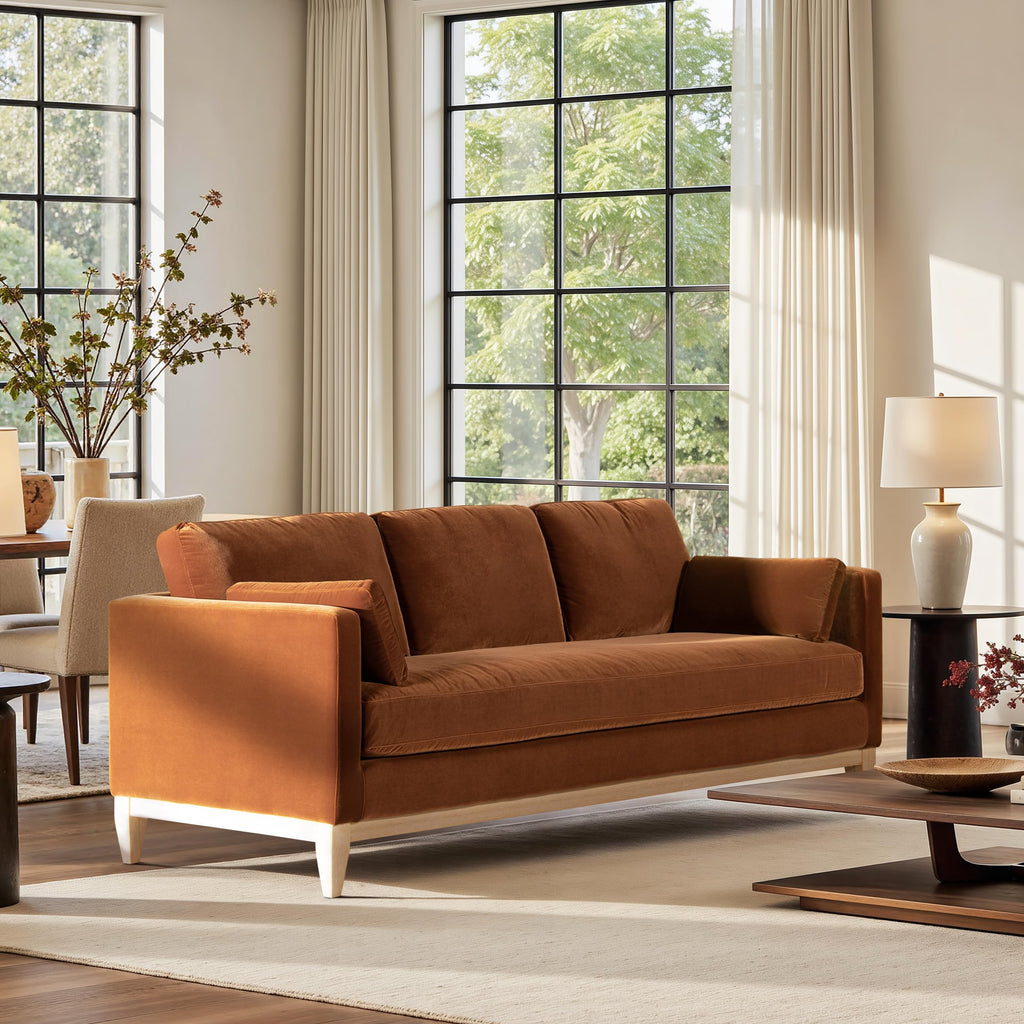 Jennifer Taylor Home Knox 84" Modern Farmhouse Performance Velvet Fabric Living Room Sofa Couch in Burnt Orange