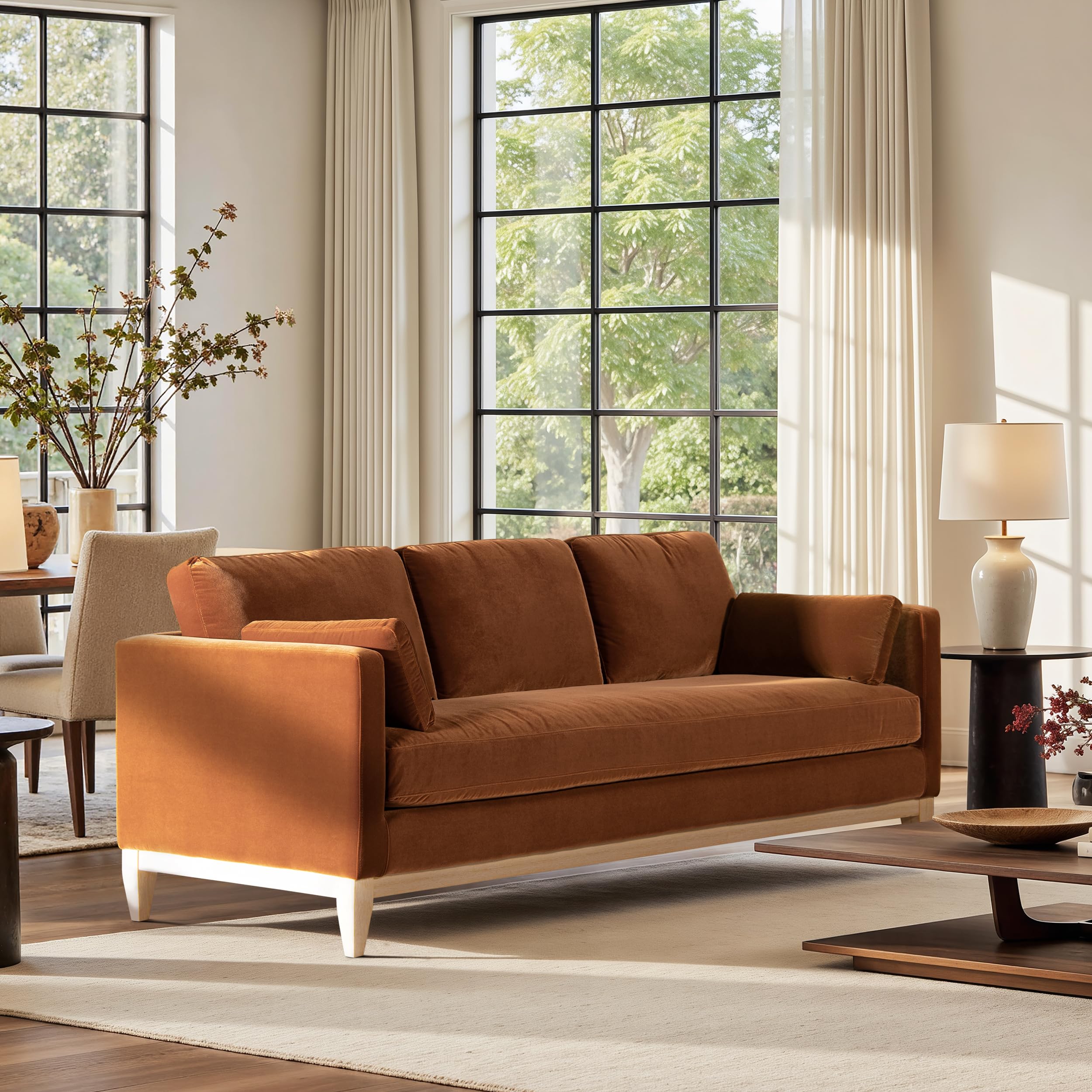 Jennifer Taylor Home Knox 84" Modern Farmhouse Performance Velvet Fabric Living Room Sofa Couch in Burnt Orange