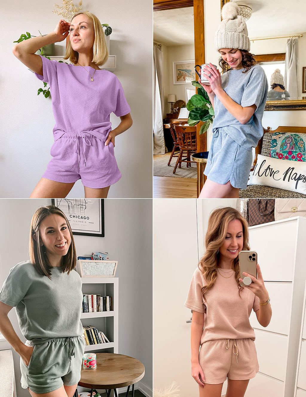 MEROKEETY Women's Short Sleeve Waffle Pajama Sets Lounge Top and Shorts 2 Piece Tracksuit Outfits