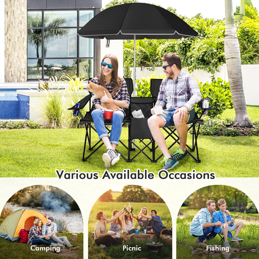 COSTWAY Double Portable Picnic Chairs, Folding Camping Chairs w/Detachable Umbrella, Cooler Bag, Cup Holders, Patio Beach Camping Chairs for Outdoors