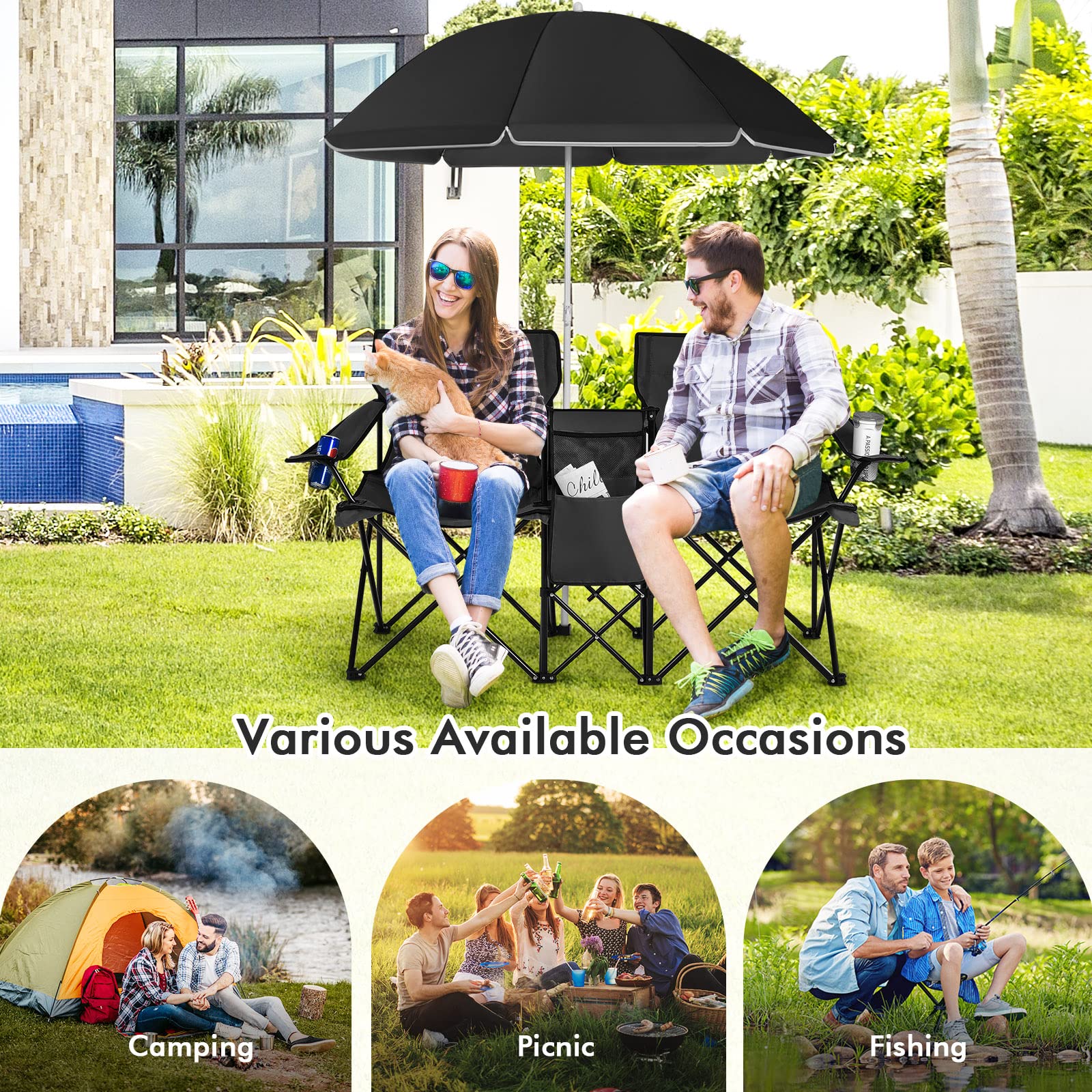 COSTWAY Double Portable Picnic Chairs, Folding Camping Chairs w/Detachable Umbrella, Cooler Bag, Cup Holders, Patio Beach Camping Chairs for Outdoors