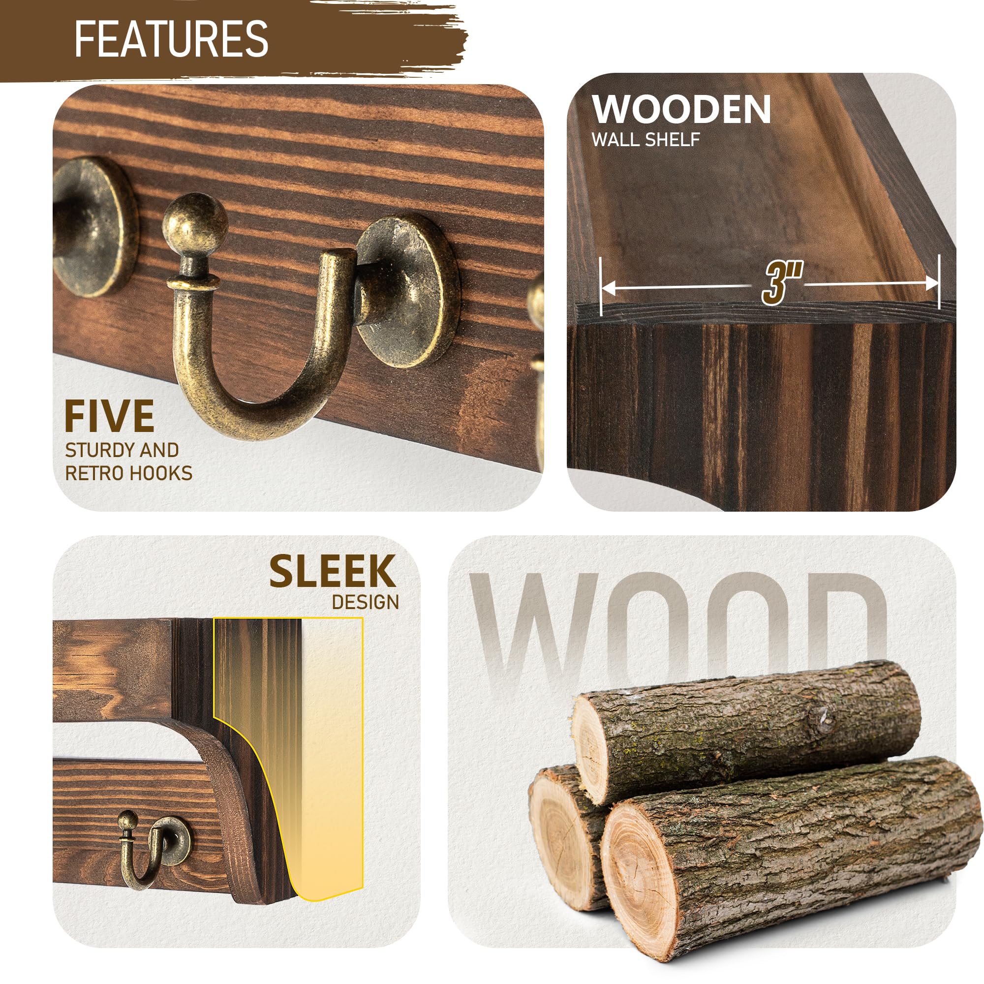 Rebee Vision Acacia Wood Farmhouse Key Holder Wall Mount for Room Decor – Retro Key Holder for Wall with Shelf for Cute Things– Stylish Home Storage for Apartment Essentials (Acacia Wood)
