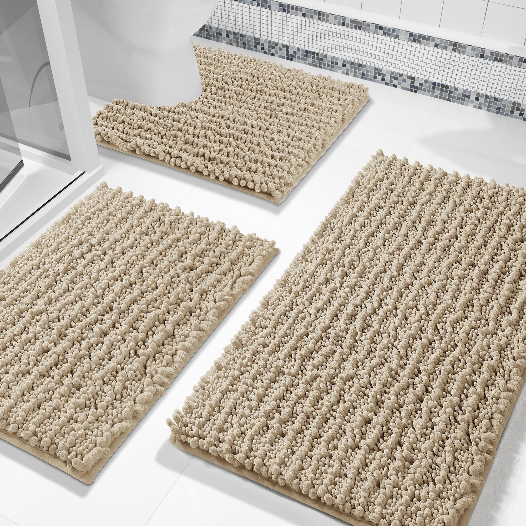 Yimobra Black Bathroom Rug Set 3 Piece - Super Absorbent Quick Dry Chenille Bath Mats & Toilet Rug, Non Slip Machine Washable, Extra Thick Shaggy Floor Mat for Shower Tub Sink