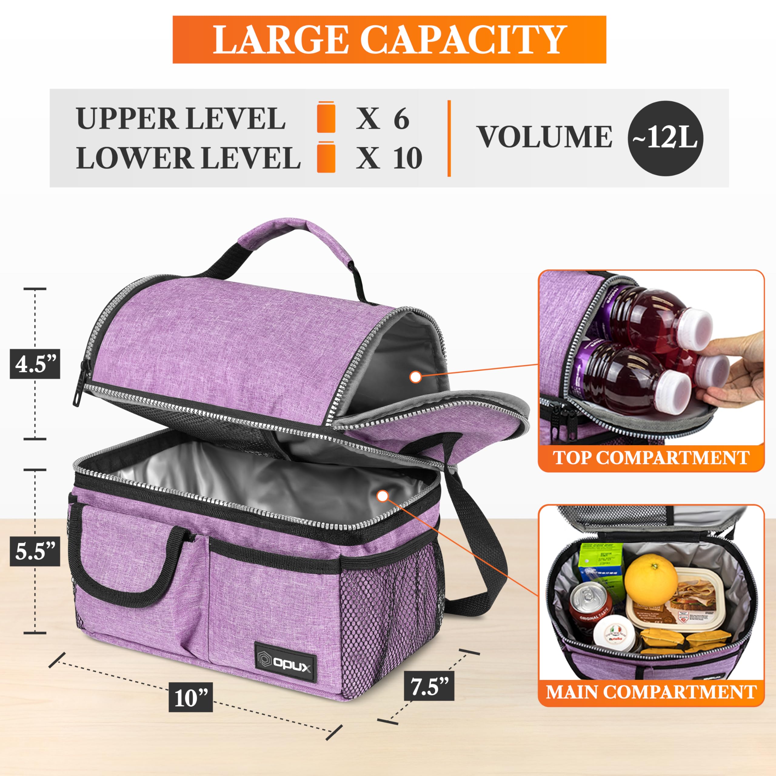 opux Insulated Lunch Bag Women Men, Dual Compartment Leakproof Lunch Box Adults Kids, Double Decker Meal Prep Bento Lunch Cooler Tote with Shoulder Strap for Work Office School Travel, Black