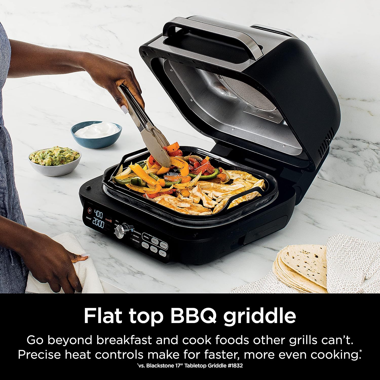 Ninja IG651 Foodi Smart XL Pro 7-in-1 Indoor Grill/Griddle Combo, use Opened or Closed, Air Fry, Dehydrate & More, Pro Power Grate, Flat Top, Crisper, Smart Thermometer, Black