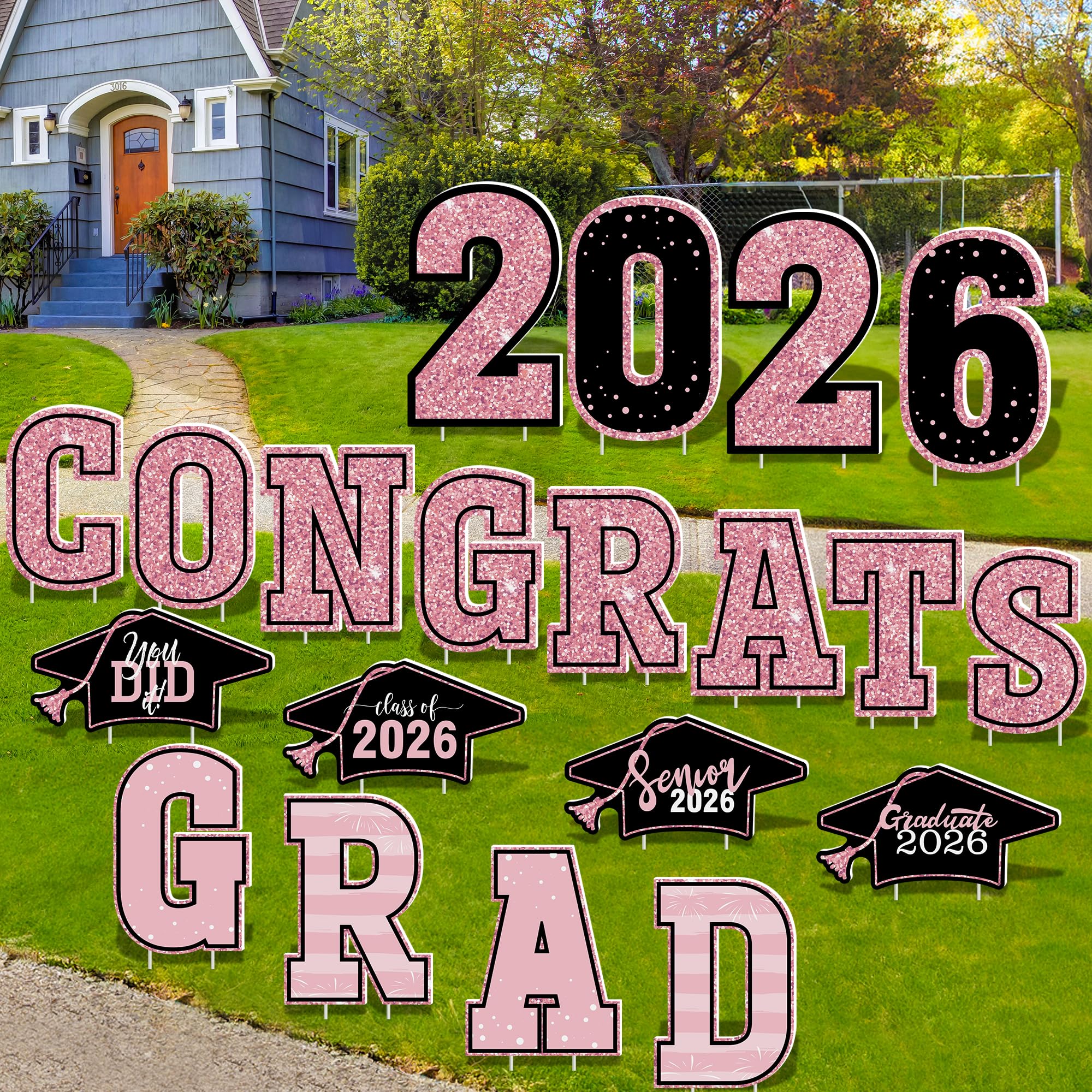 HOVACY 20 PCS Black Gold Graduation Yard Signs Class of 2026 | Black Gold 20 PCS, 40 Stakes, 11.57 x 16.14 in, Corrugated Plastic, Waterproof, Congrats Grad Sign, Graduation Sign