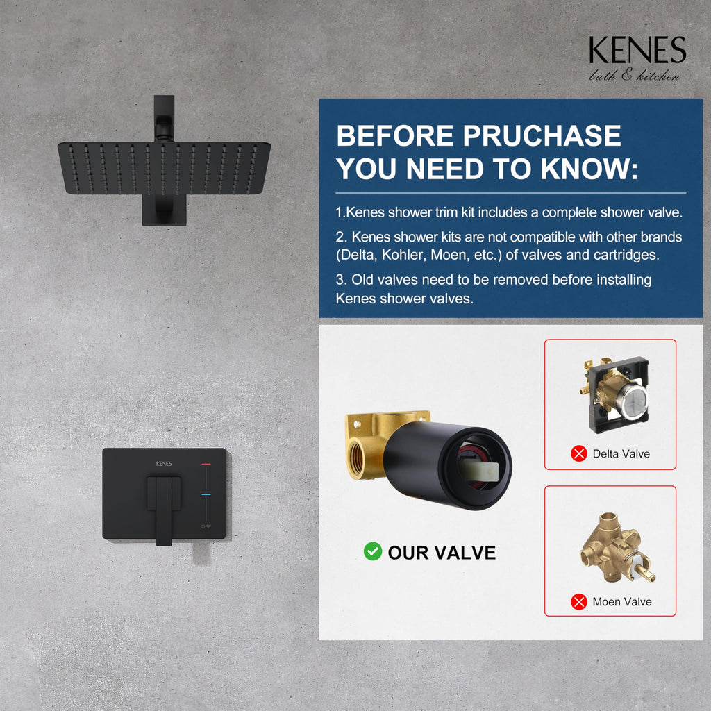 KENES Brushed Nickel 10-Inch Shower Head and Handle Set, Square Shower Faucet Set Bathroom Rainfall Shower System Wall Mount, KE-6024B (Shower Valve Included)