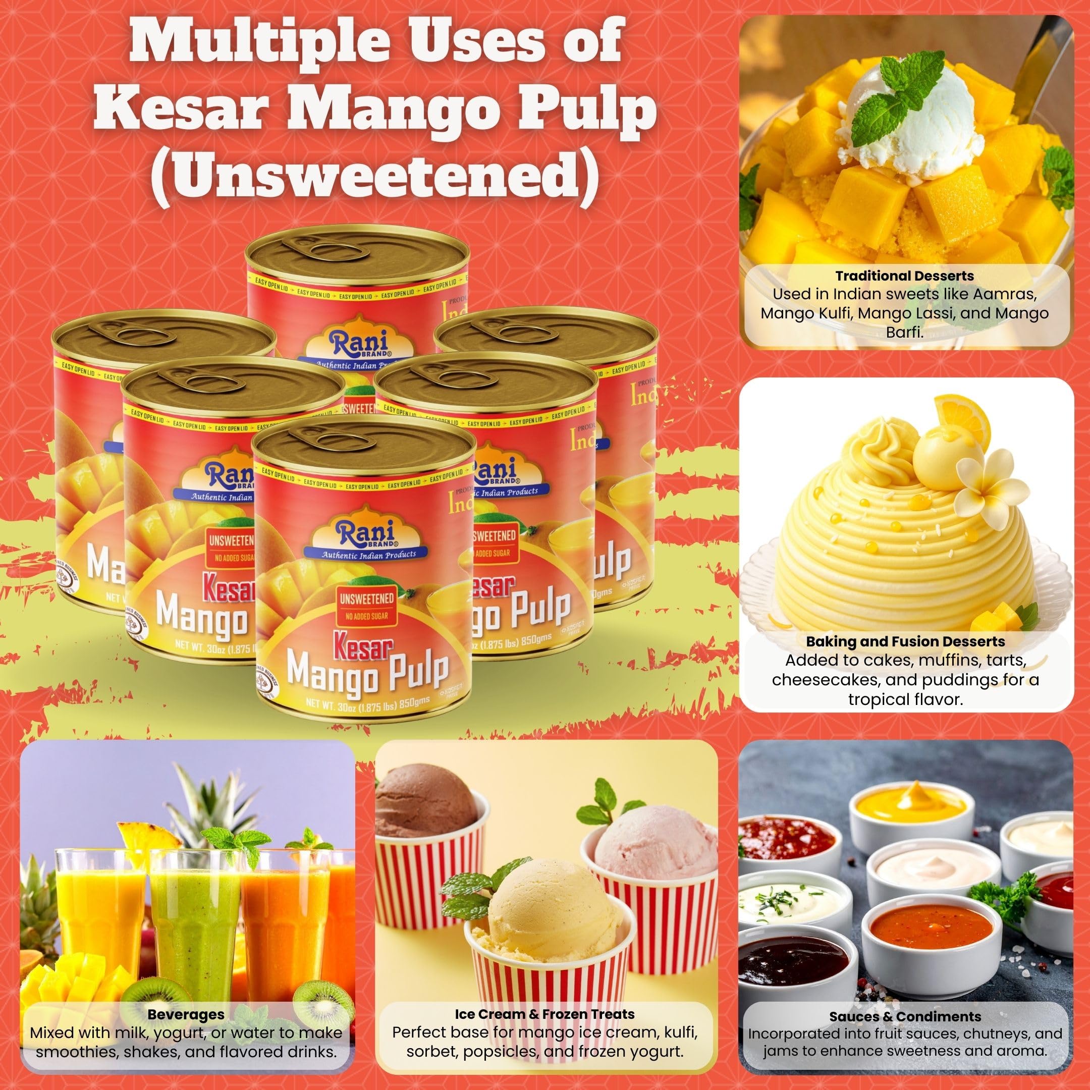 Rani Mango Pulp Puree (Makes Mango Lassi Shakes) Alphonso Sweetened 30oz (1.875lbs) 850g ~ Kosher | All Natural | NON-GMO | Vegan | No colors | Gluten Friendly | Indian Origin