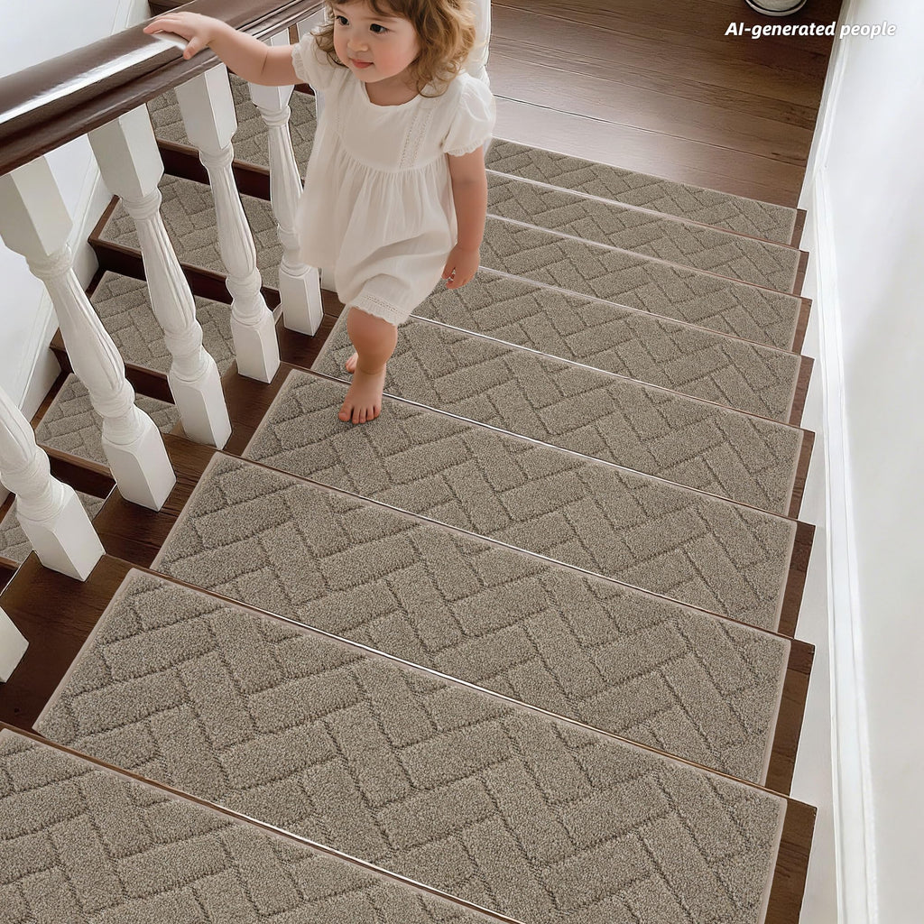 BEQHAUSE Stair Treads for Wooden Steps 28inX9in, Non Slip Carpet Stair Treads Indoor Stair Runners Machine Washable, Soft Stair Rugs Mat Surface Polyester TPE Backing, 4pcs, Beige