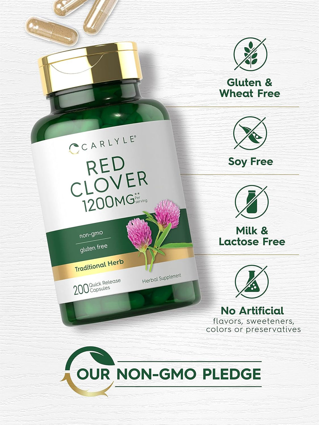 Carlyle Red Clover Capsules | 200 Count | Trifolium Pratense | Blossom Extract Supplement | Non-GMO, Gluten Free