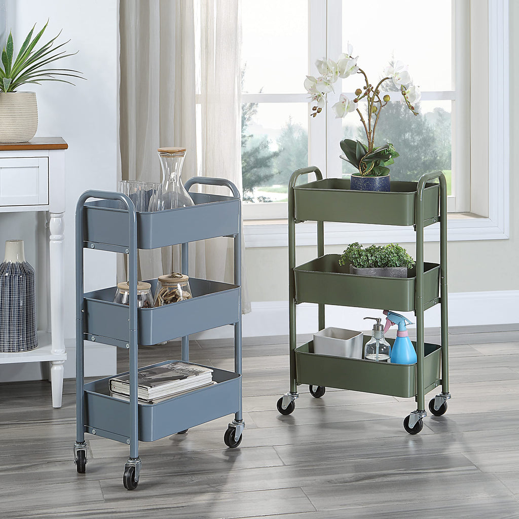 SunnyPoint 3-Tier Delicate Compact Rolling Metal Storage Organizer - Mobile Utility Cart Kitchen/Under Desk Cart with Caster Wheels - Army (15.35" X 10.24" X 26.8"H)