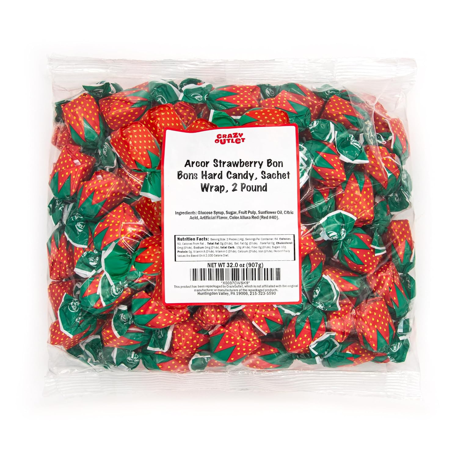 Arcor Strawberry Bon Bons Hard Candy - 2 Lb Pack | Filled Strawberry Candy, Nostalgic Candy, Individually Wrapped