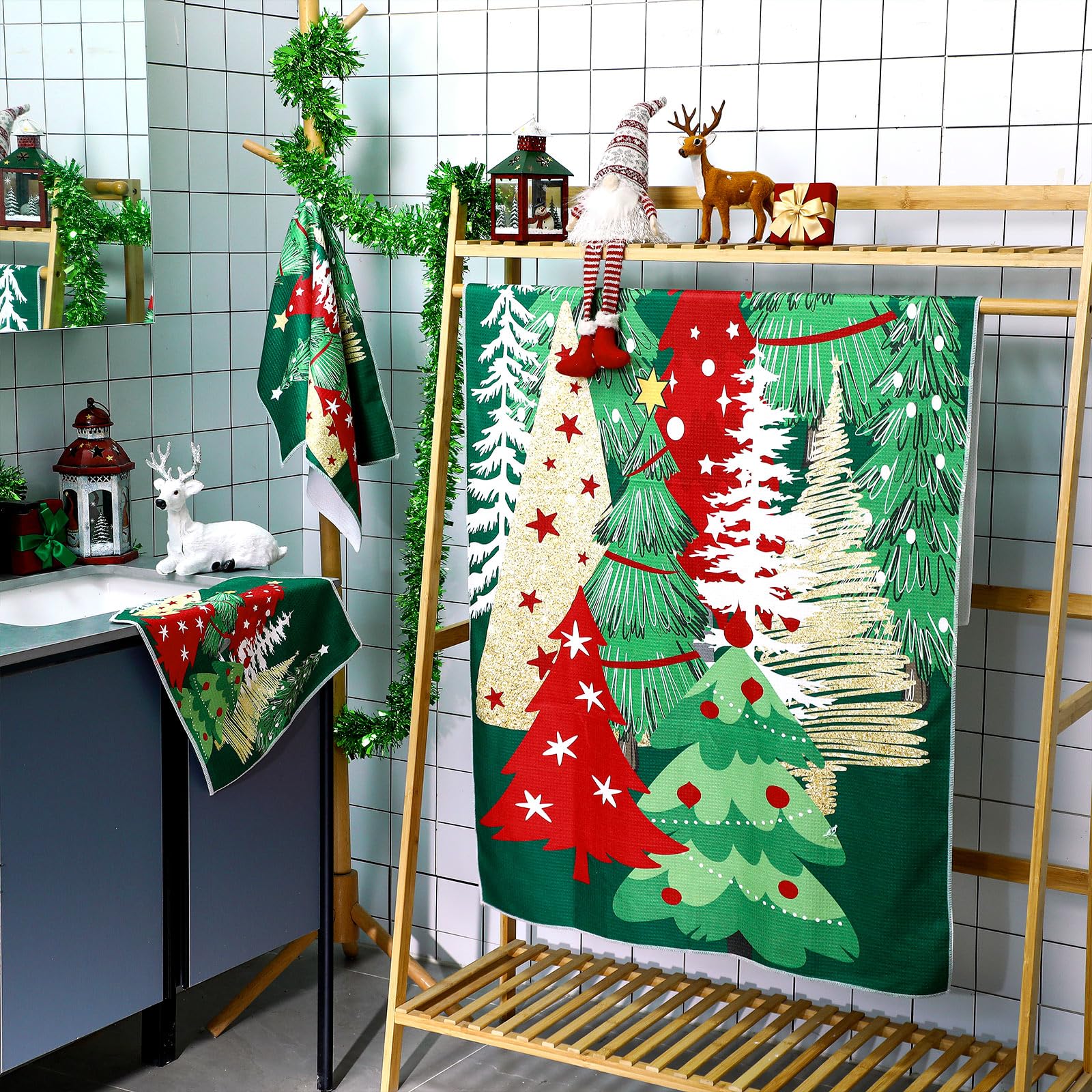 Preboun 3 Pack Christmas Gnome Bathroom Towels Set - Christmas Tree Hand Towels, Winter Snowflake Bath Towels, Soft Absorbent Dish Towels for Bathroom, Kitchen, Home, Hotel, Beach, Gym, Spa