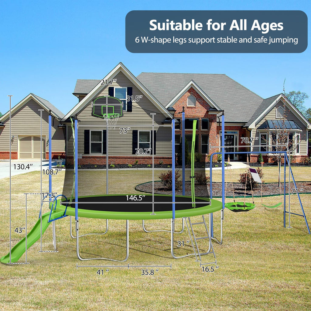 Lyromix 12FT Trampoline with Slide and Swings, ASTM Approved Large Recreational Tranpoline with Sprinkler, Basketball Hoop and Net, Capacity for 5-7 Kids Adults, Green