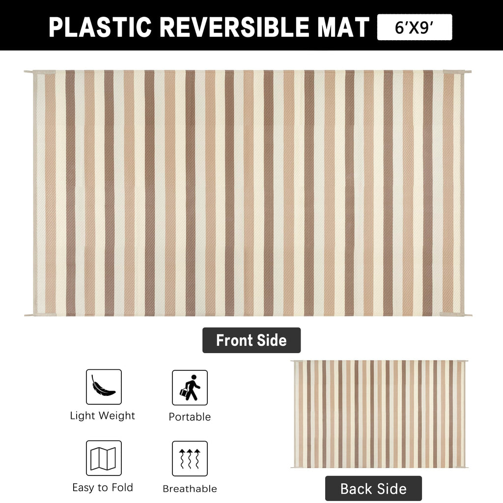 PureCozy Outdoor Plastic Straw Rug Black Beige Large Outside Waterproof Outdoor Patio 5x8 Carpet Geometric Reversible Mat Modern for Camping RV Porch Deck Balcony Beach