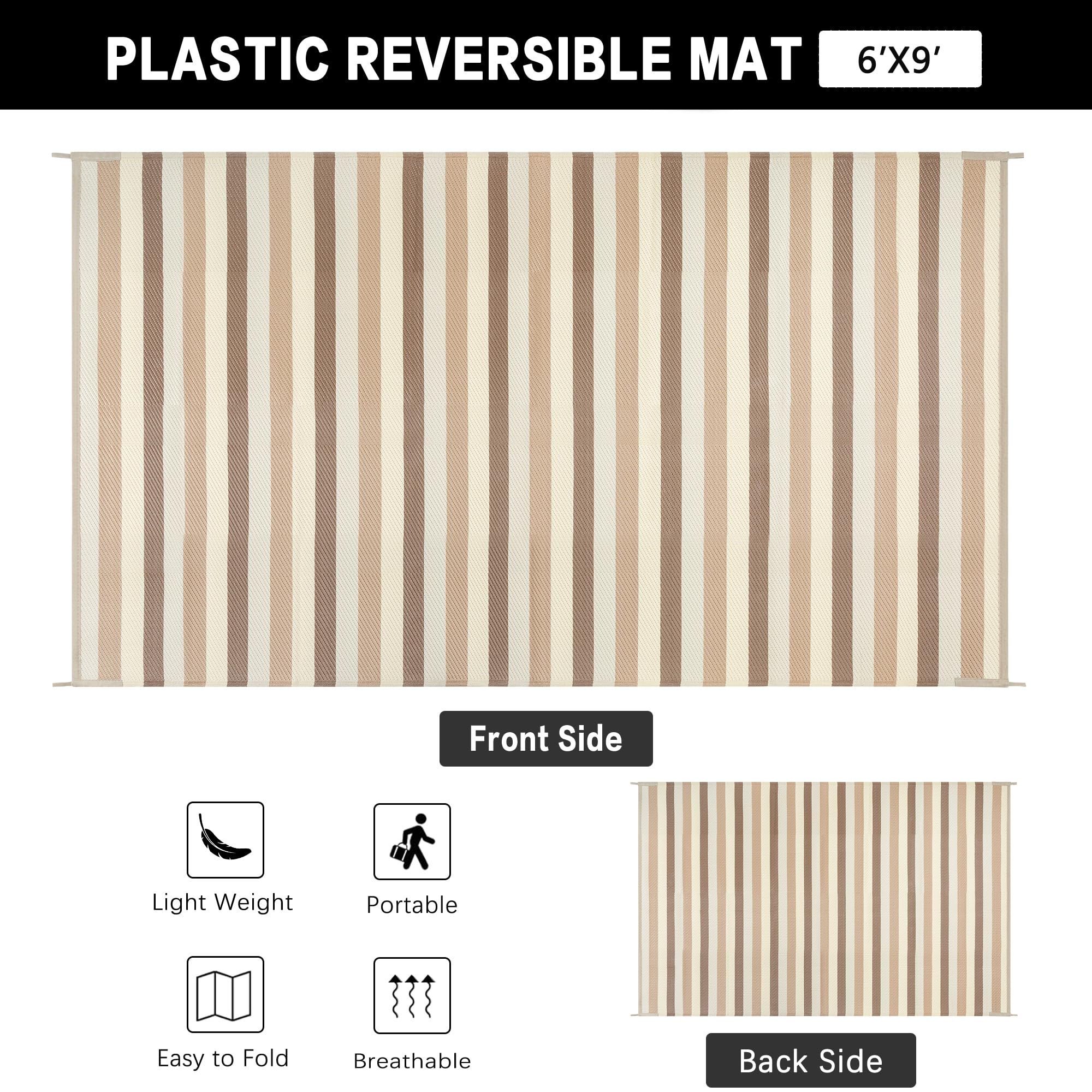 PureCozy Outdoor Plastic Straw Rug Black Beige Large Outside Waterproof Outdoor Patio 5x8 Carpet Geometric Reversible Mat Modern for Camping RV Porch Deck Balcony Beach