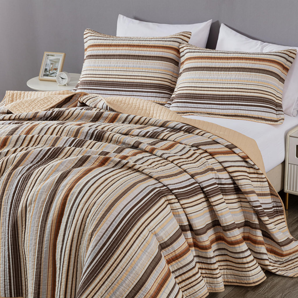 Chezmoi Collection Avery Striped Cotton Quilt Set Twin Size, 2-Piece Soft Pre-Washed 100% Cotton Quilt, Multi-Color Brown