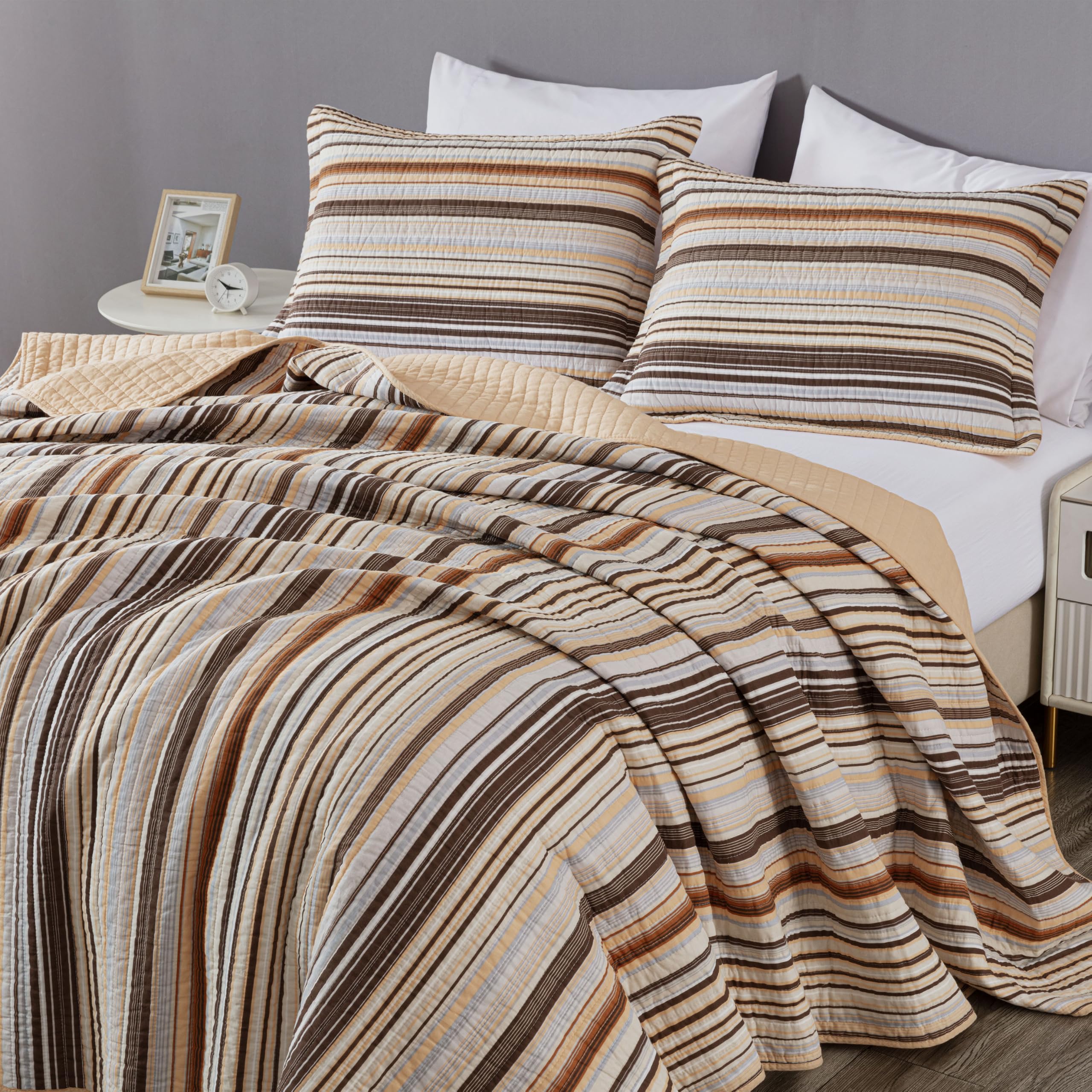 Chezmoi Collection Avery Striped Cotton Quilt Set Twin Size, 2-Piece Soft Pre-Washed 100% Cotton Quilt, Multi-Color Brown