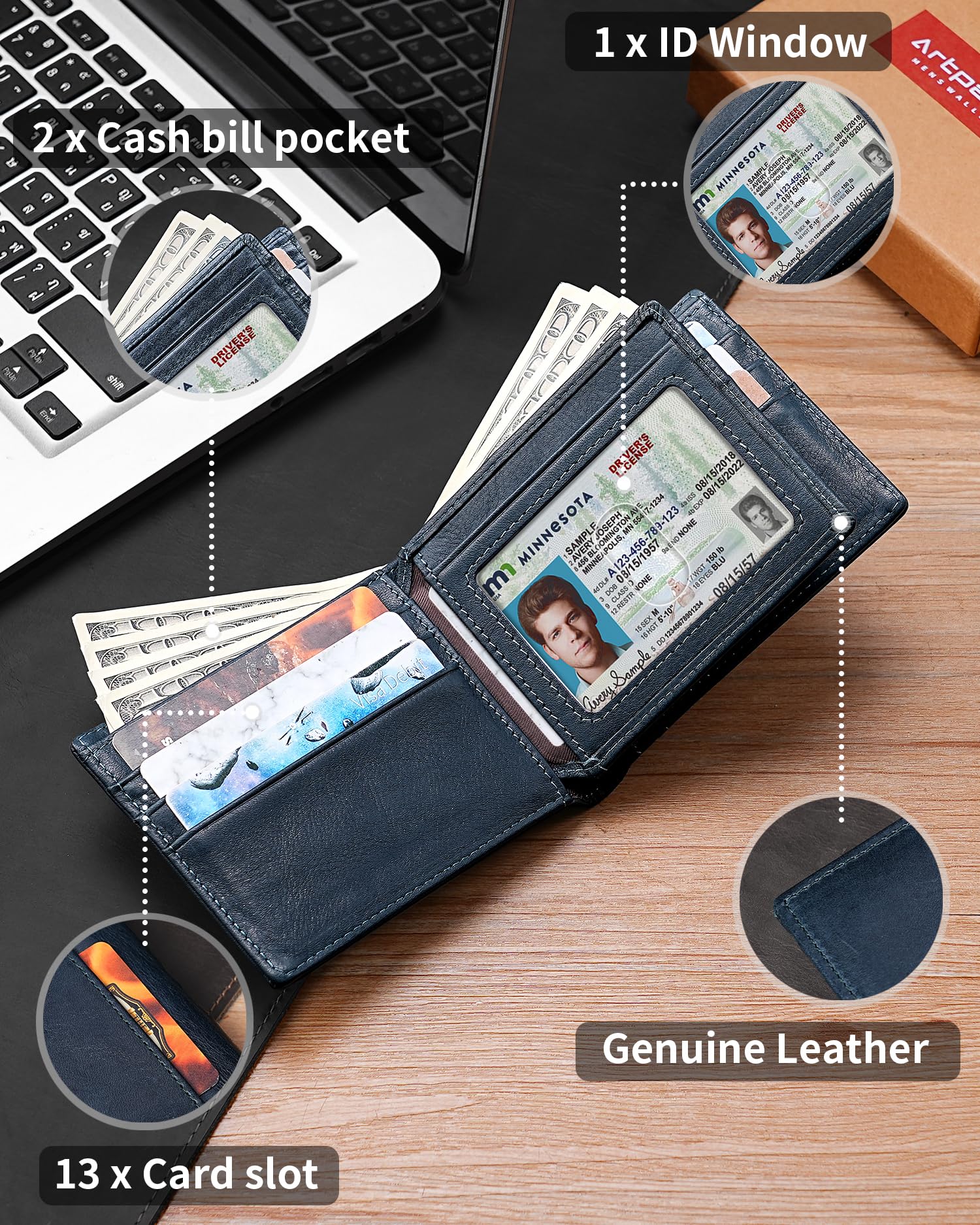 Artpaxy Mens Wallet Genuine Leather Bifold RFID Blocking Wallet for Men with 1 ID Window 13 Card Holders 2 cash pockets 1 Gift Box