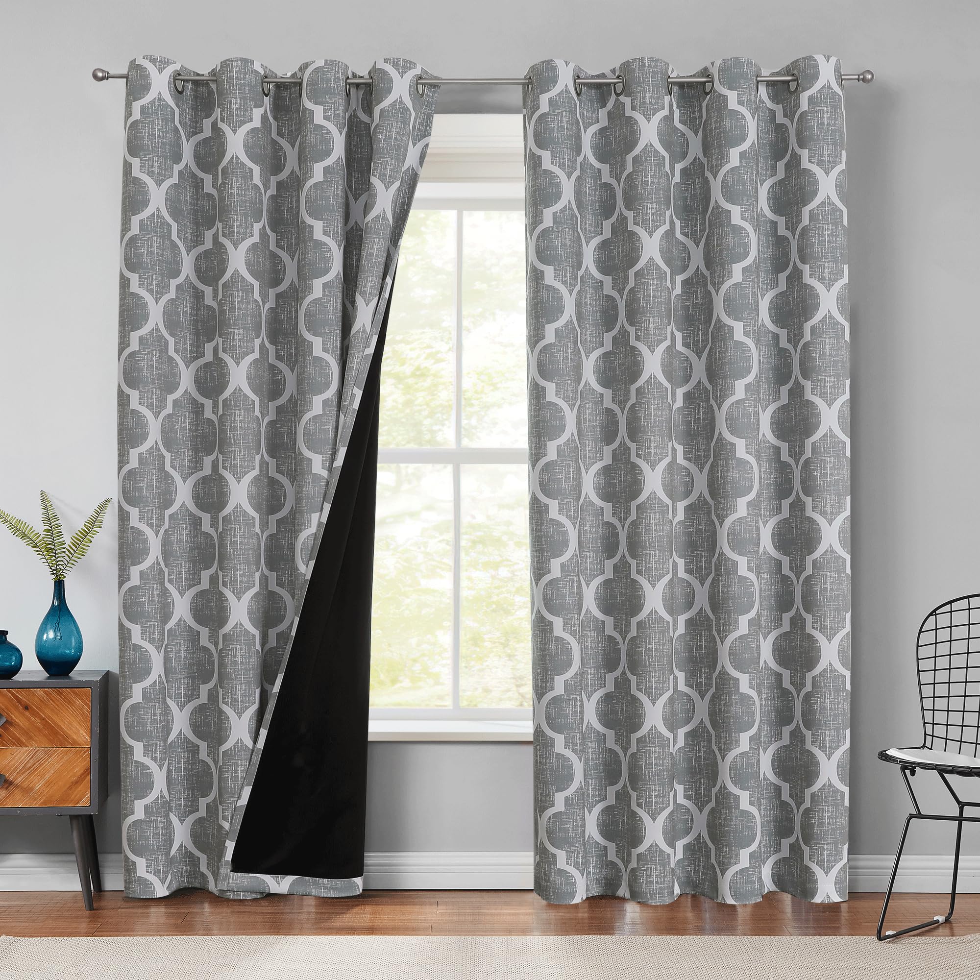 Beauoop 100% Blackout Curtains 45 Inches Long 2 Panels for Bedroom Living Room Aqua Grey Moroccan Geo Room Darkening Thermal Insulated Soundproof Grommet Top Window Treatments Drapes, 50x45 Set of 2