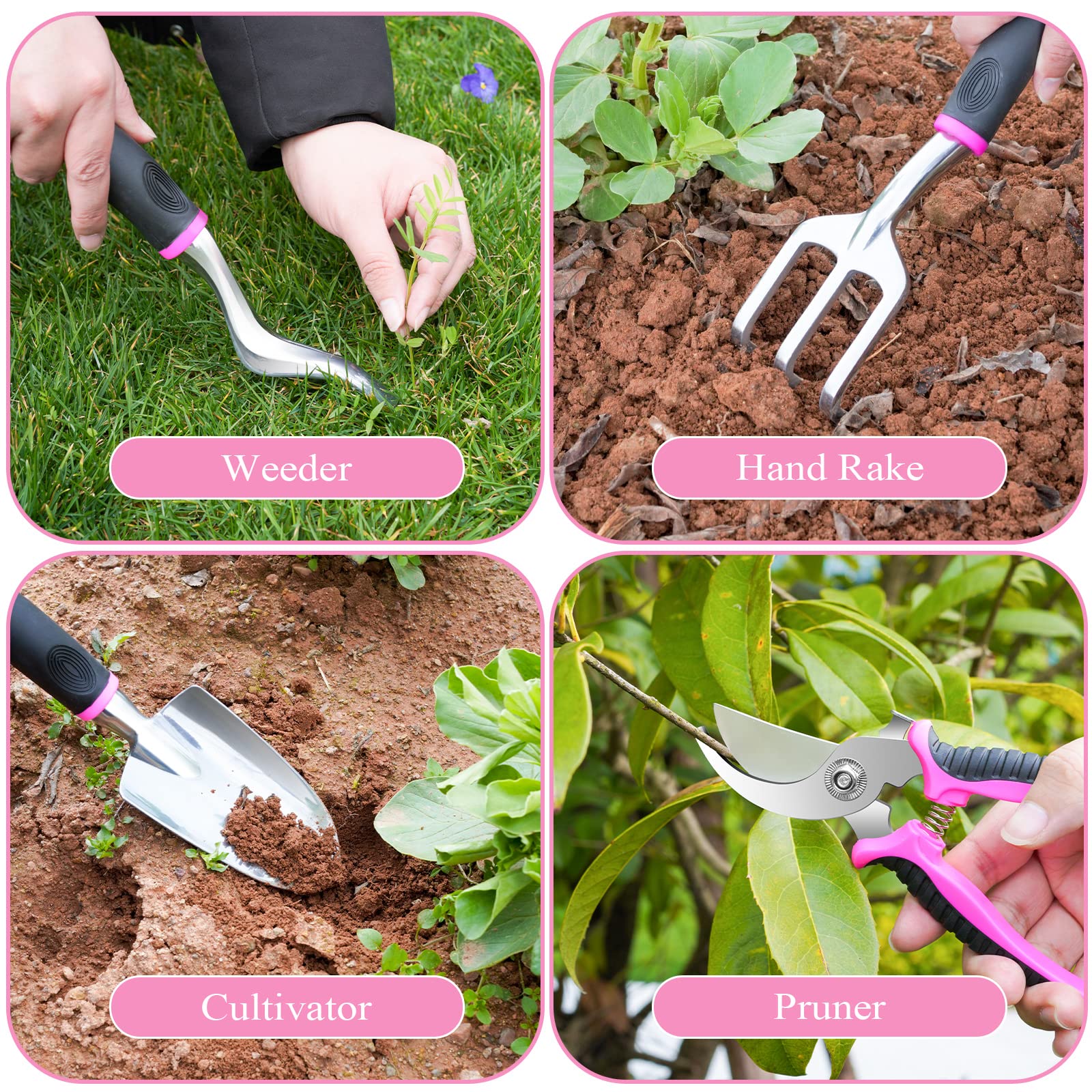 Pink Garden Tool Set Gardening Items for Women - 24PCS Heavy Duty Garden Tools with Detachable Storage Bag, Succulent Tool Set, Weeder