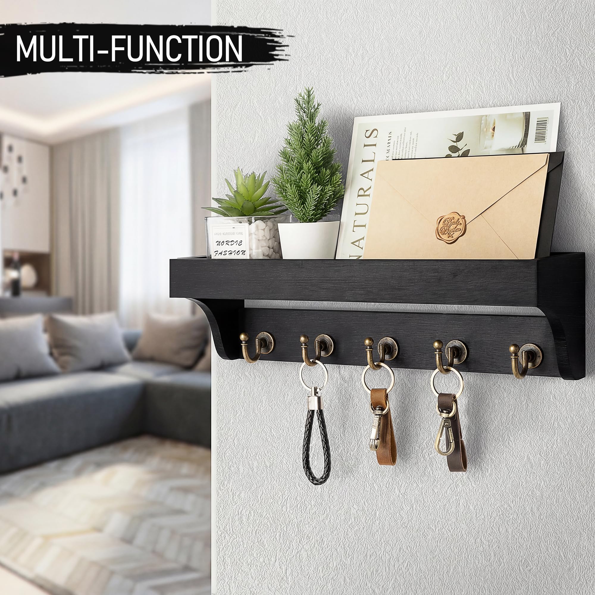 Rebee Vision Acacia Wood Farmhouse Key Holder Wall Mount for Room Decor – Retro Key Holder for Wall with Shelf for Cute Things– Stylish Home Storage for Apartment Essentials (Acacia Wood)