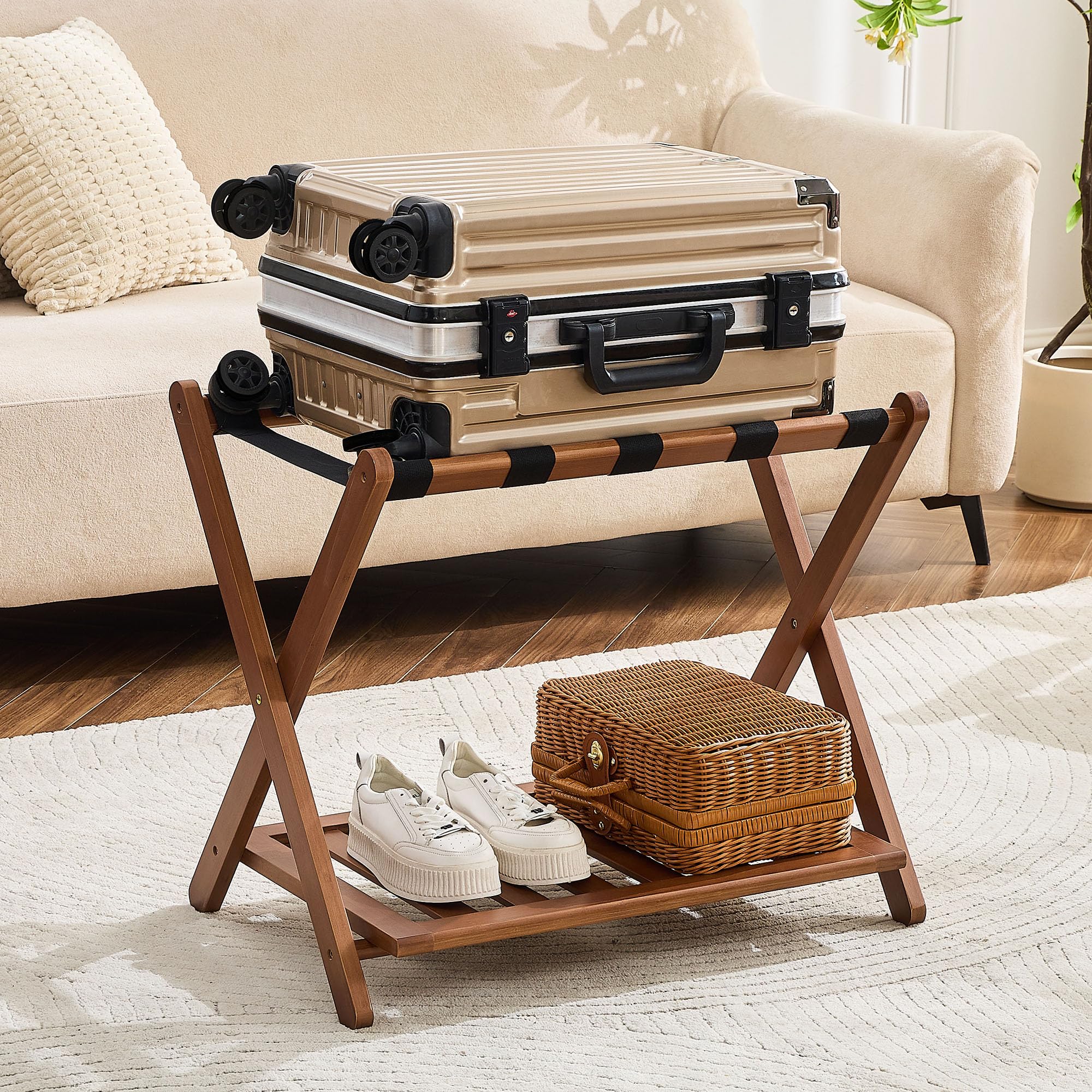 oakvivo Fully Assembled Black Luggage Rack for Guest Room, Bamboo Foldable Suitcase Stand with 5 Nylon Straps, Upgraded Luggage Rack Holder with Shelf for Bedroom Hotel, Holds up to 165 Lbs, 1pcs