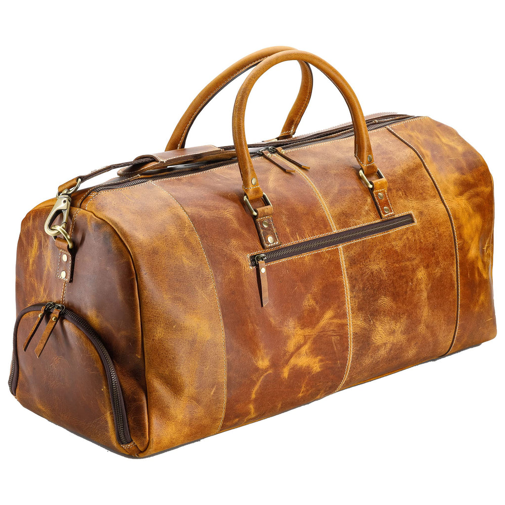 KomalC Leather Duffle Bags for Men and Women Travel Overnight Weekend sports bag holdall Gym Duffel for Men (Dark Tan, 20 Inch)