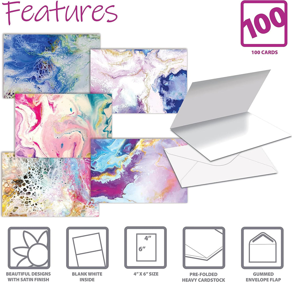 Better Office Products 100-Pack All Occasion Greeting Cards, Assorted Blank Note Cards, 4 x 6 inch, 5 Abstract Art Designs, Blank Inside, with Envelopes, 100 Pack