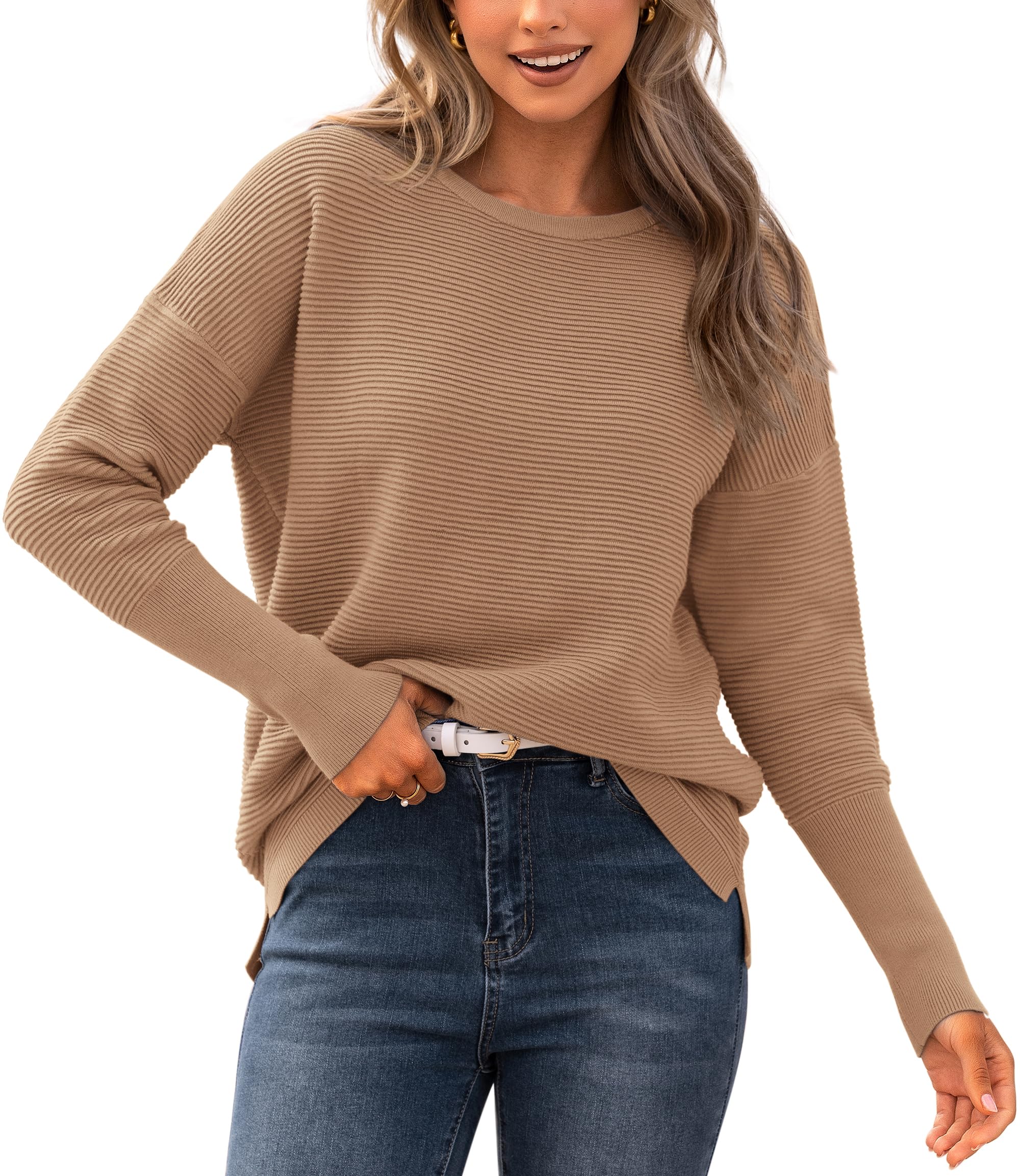 BTFBM Fall Sweaters for Women 2026 Casual Long Sleeve Sweater Striped Loose Fit Pullover Tops