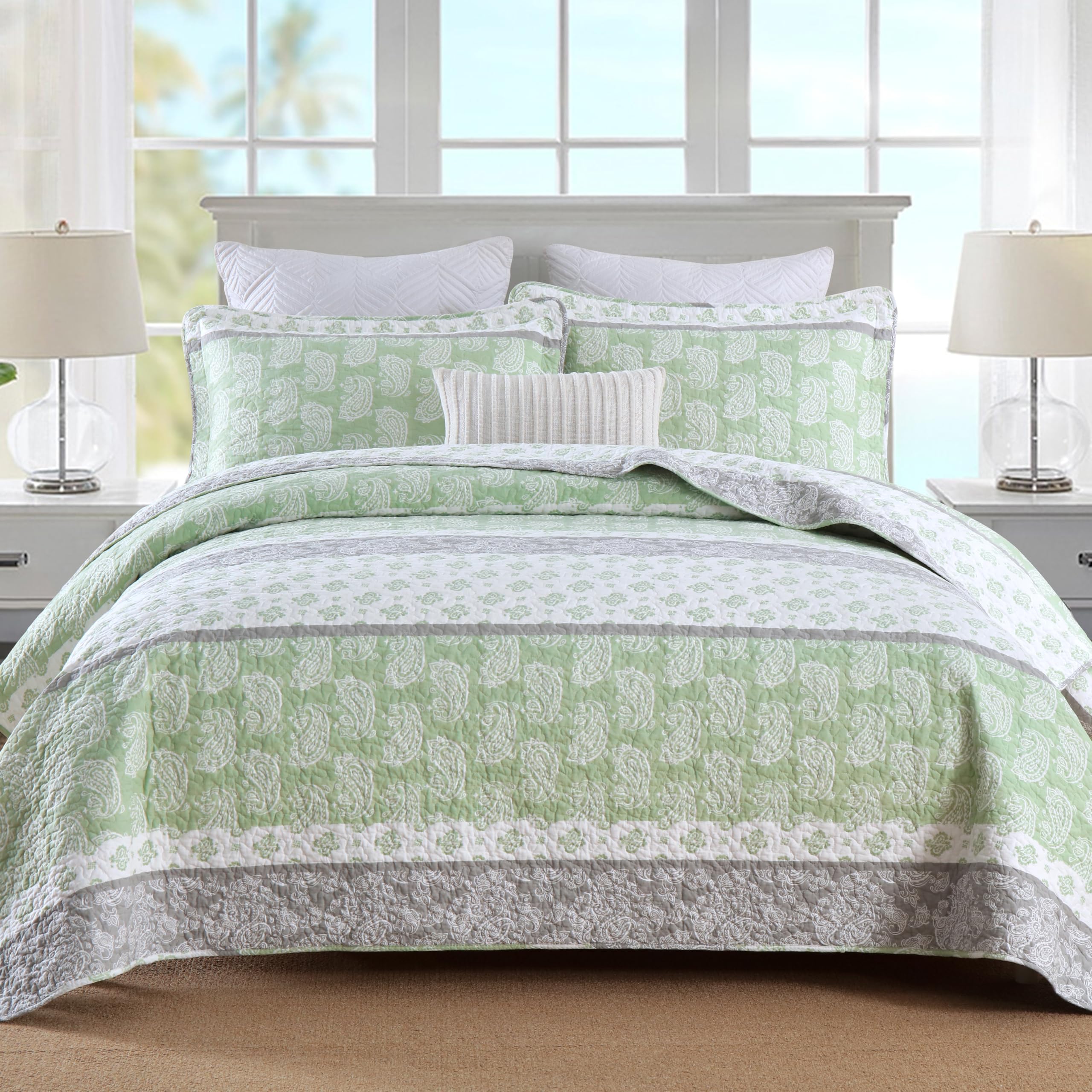 Yellow Quilts Queen Size, Paisley Comforter Set Queen Cotton Bed, Yellow Grey White Comforter, Striped Bedding Queen Size, Lightweight Luxury Bedspread,3 Piece
