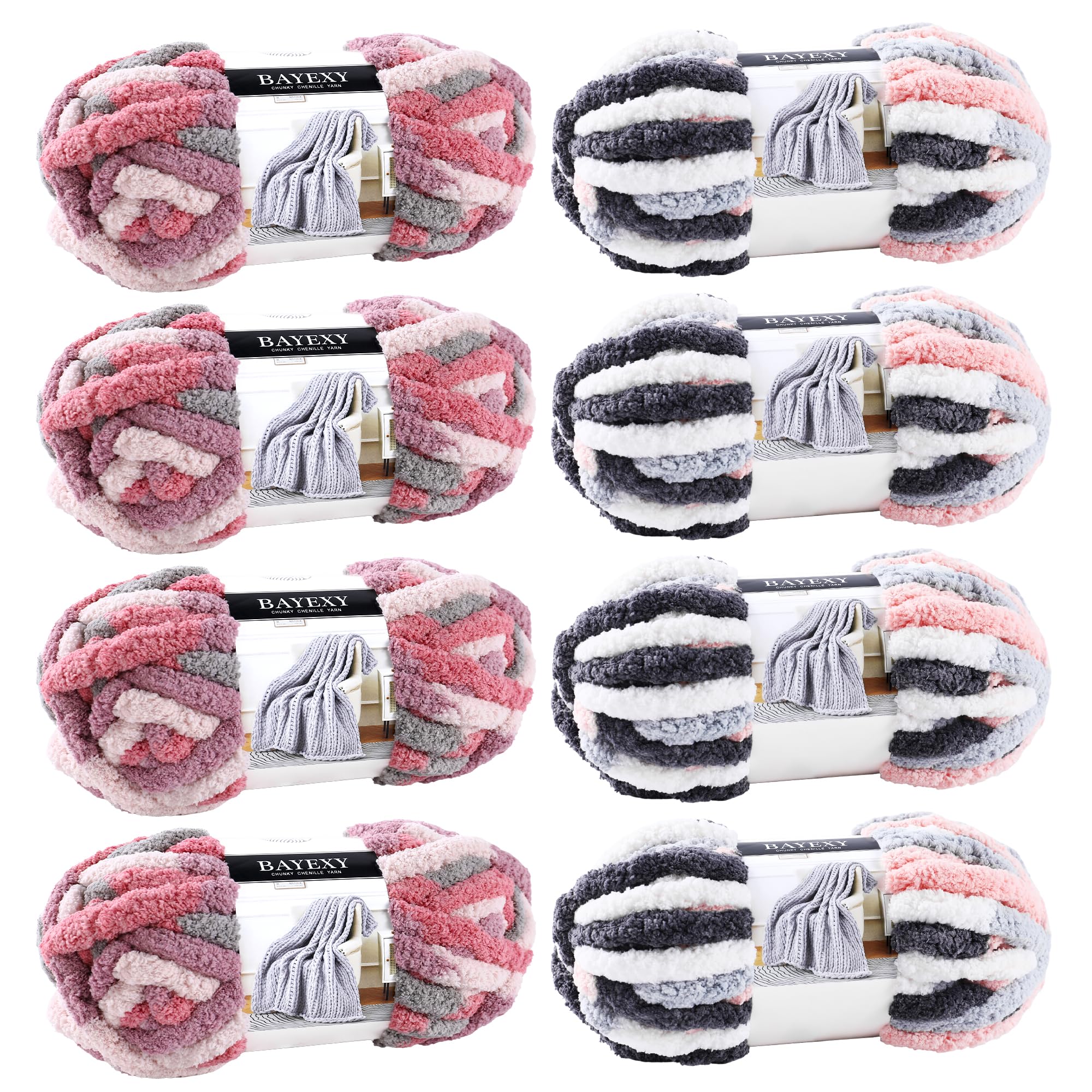 Chunky Chenille Yarn for Hand Knitting 8 Jumbo Pack Jumbo Chunky Yarn for Hand Soft Blanket Knitting, Bulky Thick Fluffy Yarn for Crocheting (Black)