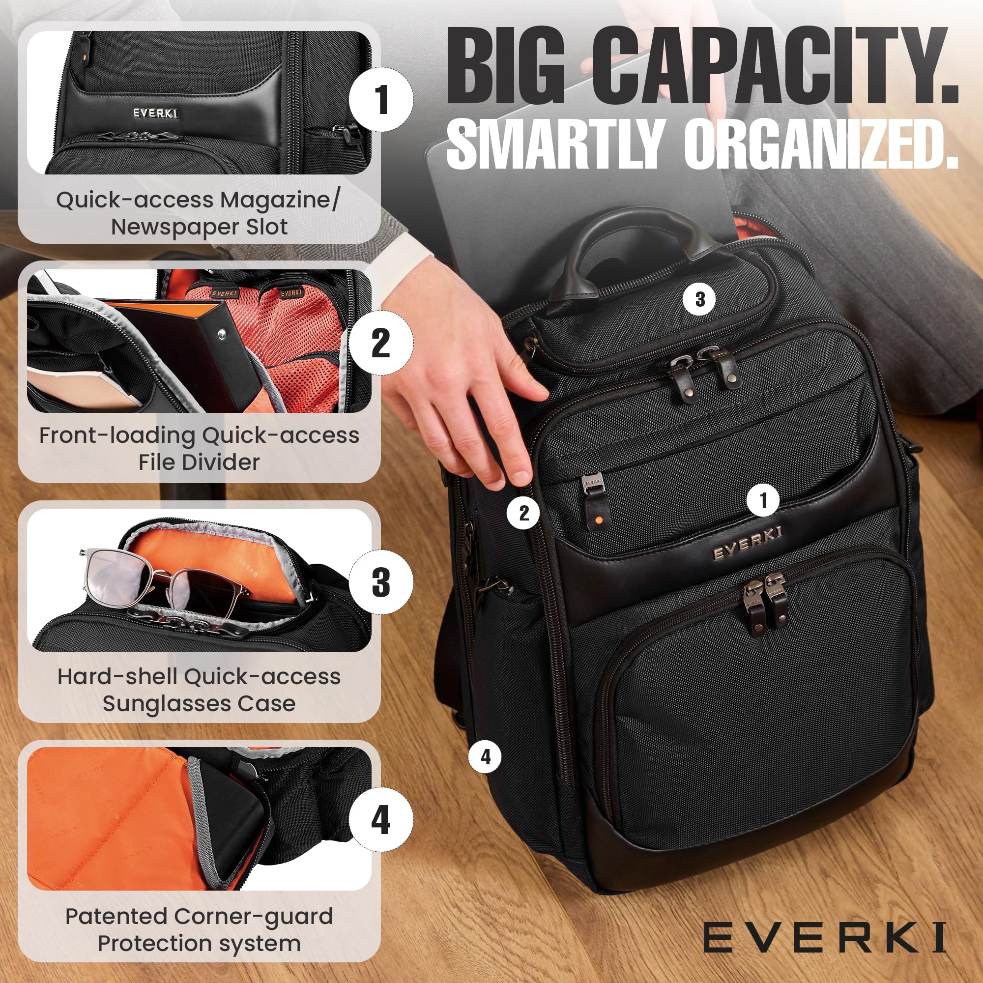 EVERKI Onyx 25L Business Laptop Backpack – Professional Travel Backpack for Men & Women, Laptop Bag with Premium Leather Ballistic & Nylon, Office & Flight Approved, Fits Laptops up to 15.6” - Black