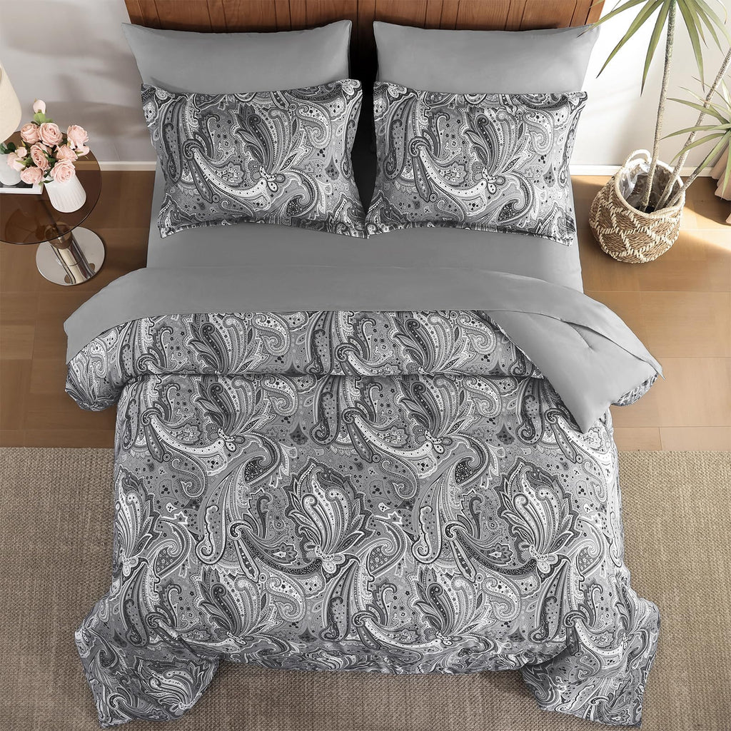 DJY Black Paisley Comforter Set Full Size 7 Piece Bed in a Bag Black and Grey Boho Paisley Pattern Comforter Set Soft Lightweight Microfiber Reversible Bedding Set for All Season