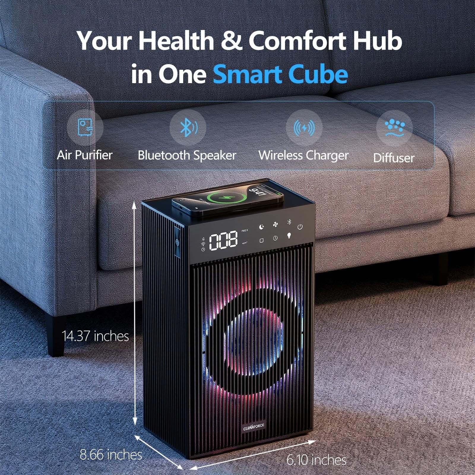 CleanForce Rainbow Cube | World’s First 4-in-1 Space-saving Air Purifier with Bluetooth Speaker, Wireless Charger & Aroma Diffuser | Swiss Tech，over 900ft² Coverage | Ultra-Quiet