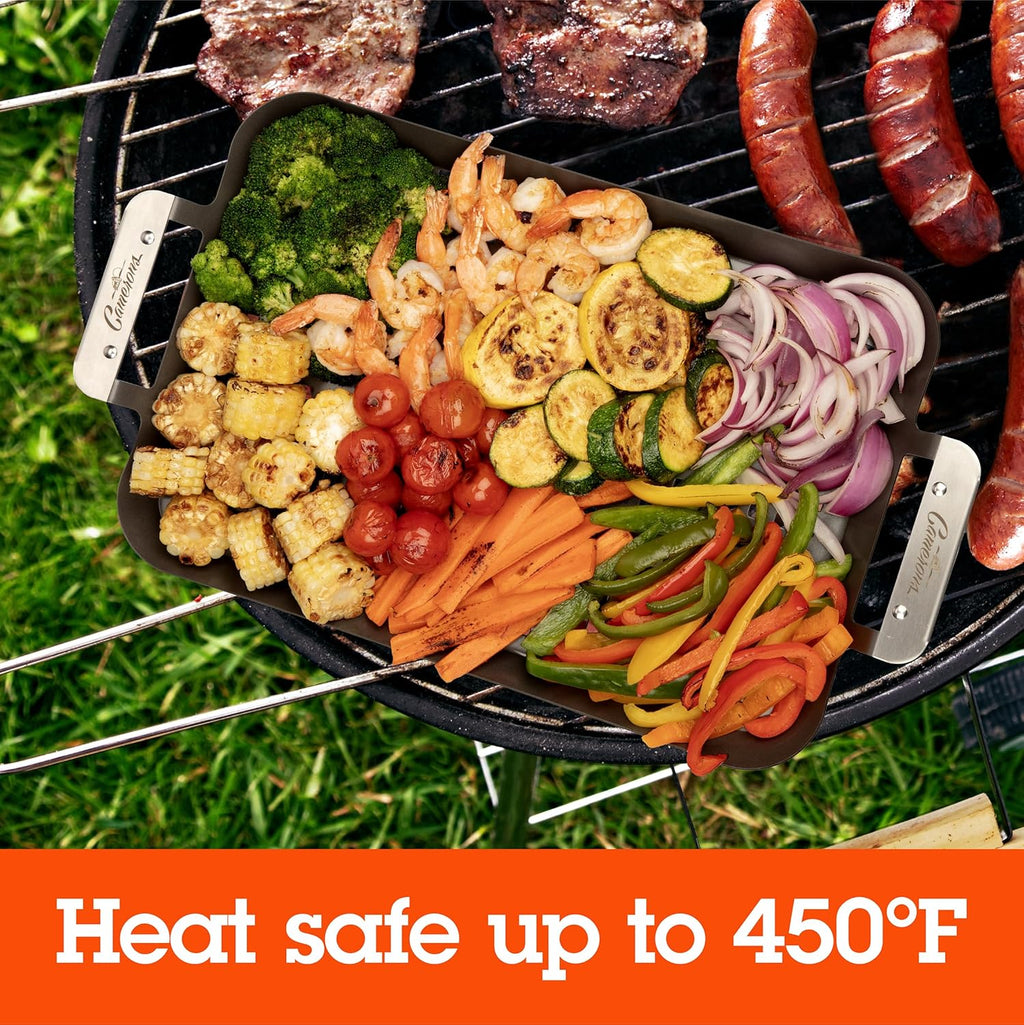 Camerons BBQ Grill Topper Grilling Pans (Set of 2)- Non-Stick Barbecue Trays w Stainless Steel Handles - Indoor Outdoor use for Barbecue & Smoked Meat, Vegetables & Seafood- Grill Gift for Fathers Day