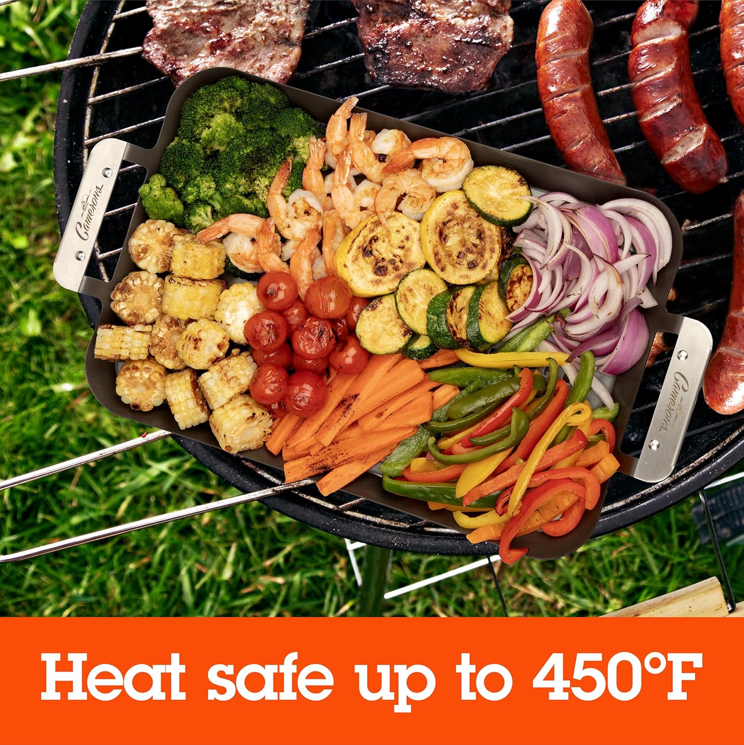 Camerons BBQ Grill Topper Grilling Pans (Set of 2)- Non-Stick Barbecue Trays w Stainless Steel Handles - Indoor Outdoor use for Barbecue & Smoked Meat, Vegetables & Seafood- Grill Gift for Fathers Day