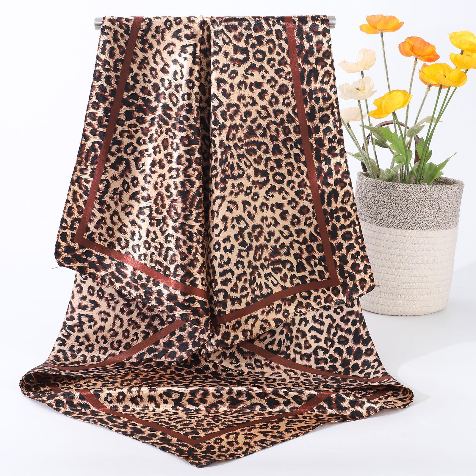 AWAYTR 35” Large Satin Square Head Scarf - 2Pcs Silk Like Floral Head Scarves Square Satin Hair Scarf Bandanas for Women
