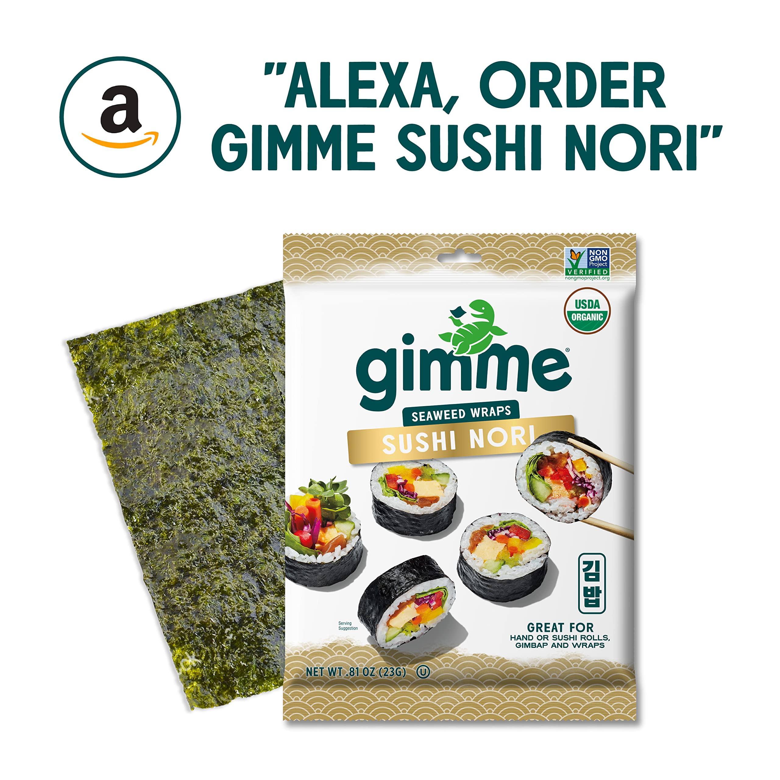 Gimme Seaweed Sushi Nori Premium Organic Roasted Seaweed Sheets, Keto, Vegan, Gluten-Free, Restaurant-style Sushi Nori Sheets 0.81 Ounce (Pack of 1)