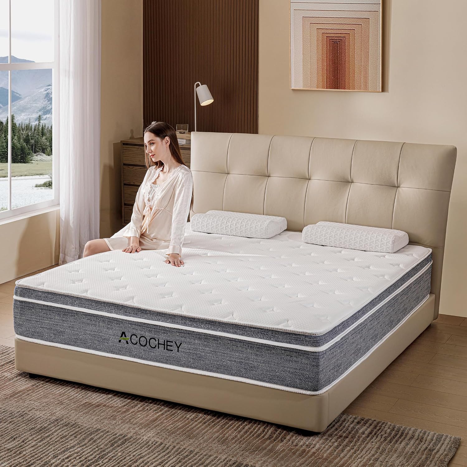 Acochey 10 Inch Queen Mattress Memory Foam and Spring Hybrid Mattresses,Medium Firm Feel Grey Mattress in a Box,Quality Comfort and Adaptive Support Breathable Cooling